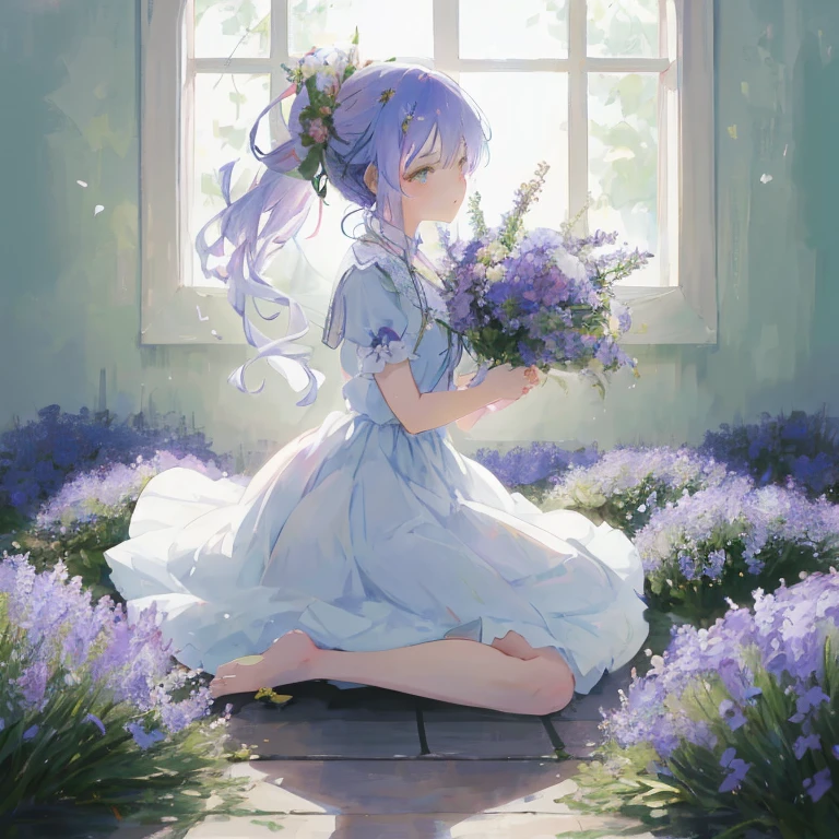 Anime girl sitting in flower garden with bouquet, guweiz, guweiz on pixiv artstation, artwork in the style of guweiz, guweiz on artstation pixiv, Anime visuals of cute girls, beautiful anime art, beautiful anime artwork, sitting with flowers, Beautiful anime, with flowers