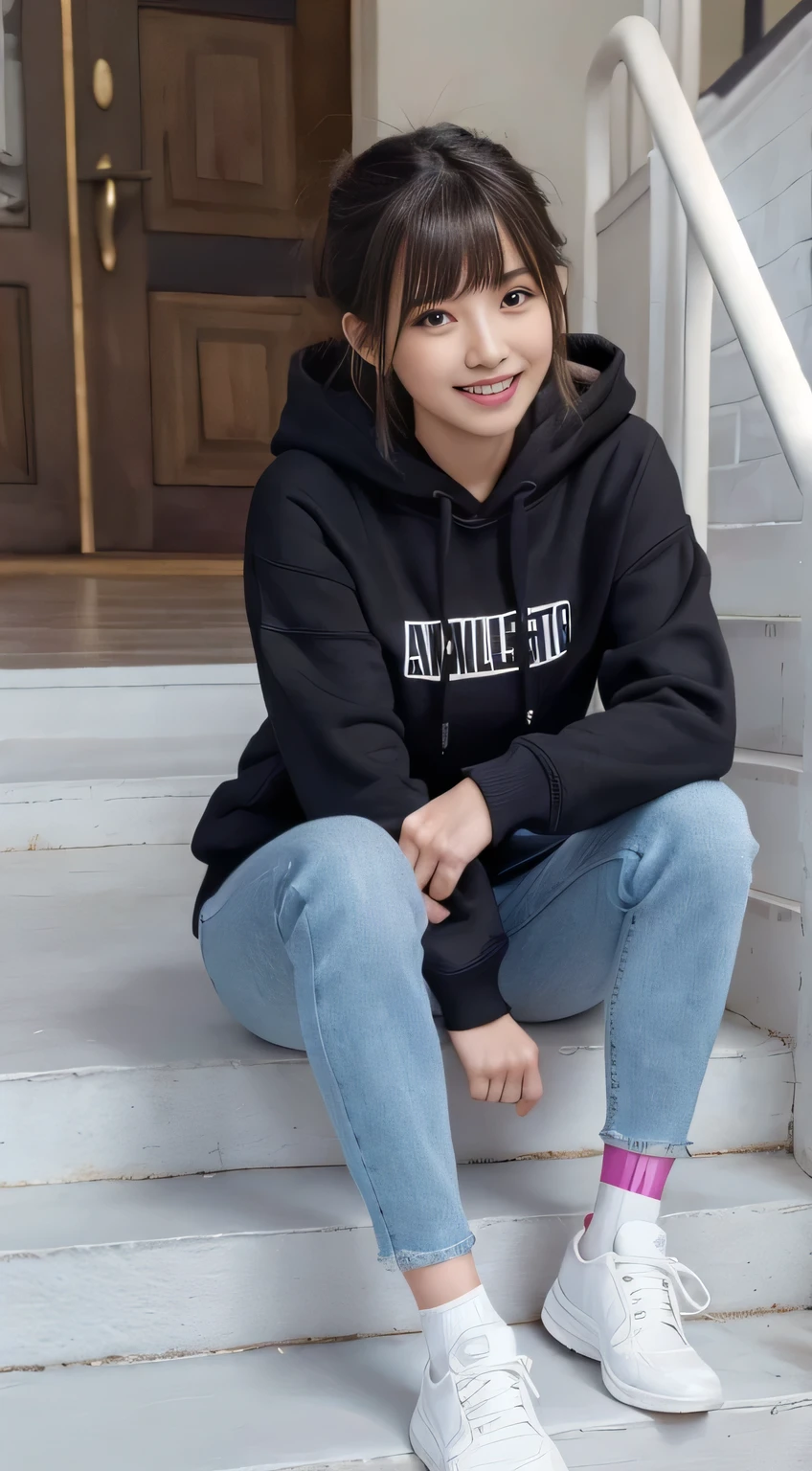 highest quality, Realistic, Very detailed, Finer details, High resolution, 8k wallpaper, One beautiful woman,Sit on the stairs、(Wear black socks)smile、(Beautiful teeth alignment、)(Gums are visible) Oversized hoodie, Skinny jeans,( Black sneakers)、Black Hair、 Beautiful Bangs、ear piercing、Perfect dynamic composition, Beautiful and detailed, Full Body Shot, A big smile Wearing colorful socks