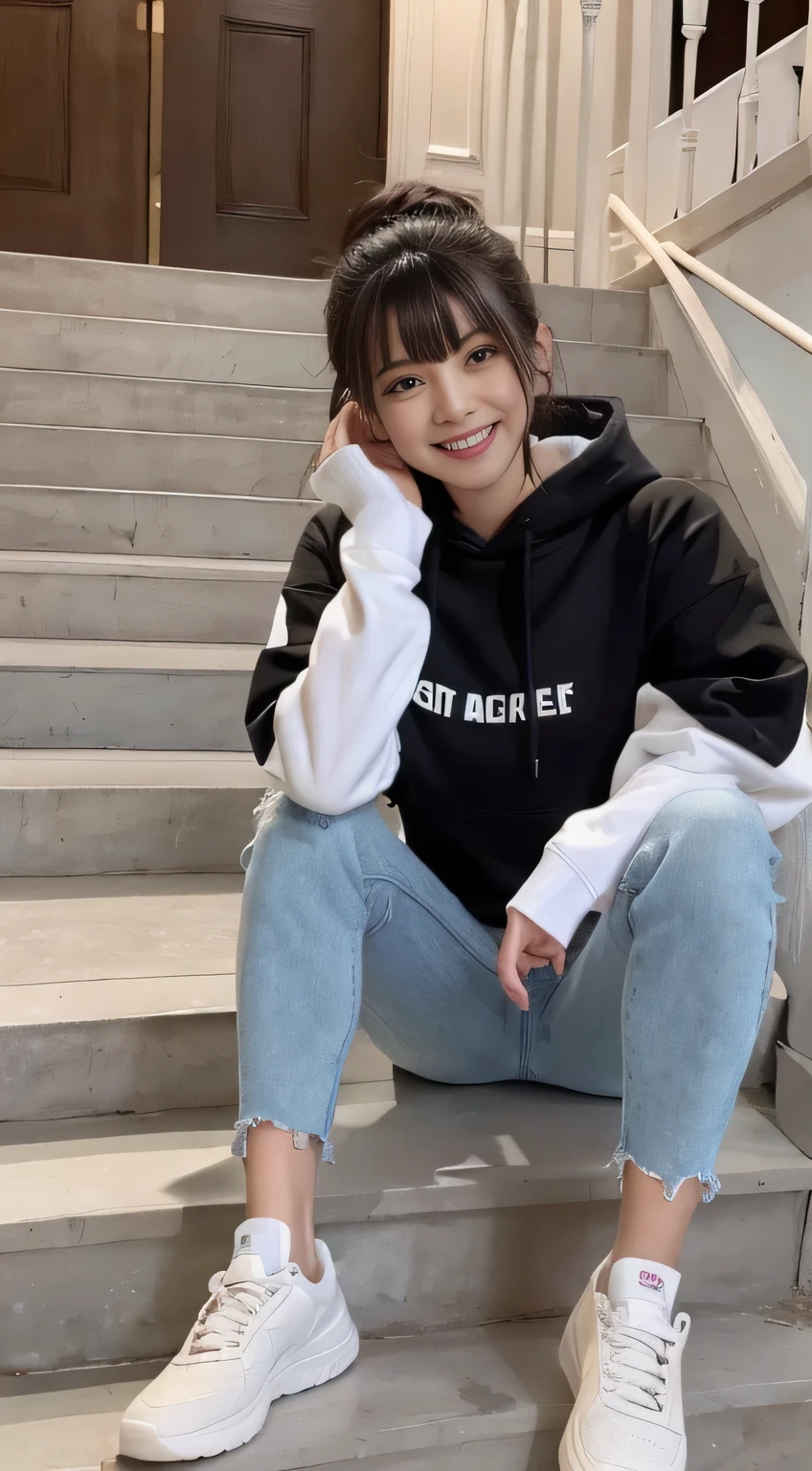 highest quality, Realistic, Very detailed, Finer details, High resolution, 8k wallpaper, One beautiful woman,Sit on the stairs、(Wear black socks)smile、(Beautiful teeth alignment、)(Gums are visible) Oversized hoodie, Skinny jeans,( Black sneakers)、Black Hair、 Beautiful Bangs、ear piercing、Perfect dynamic composition, Beautiful and detailed, Full Body Shot, A big smile Wearing colorful socks