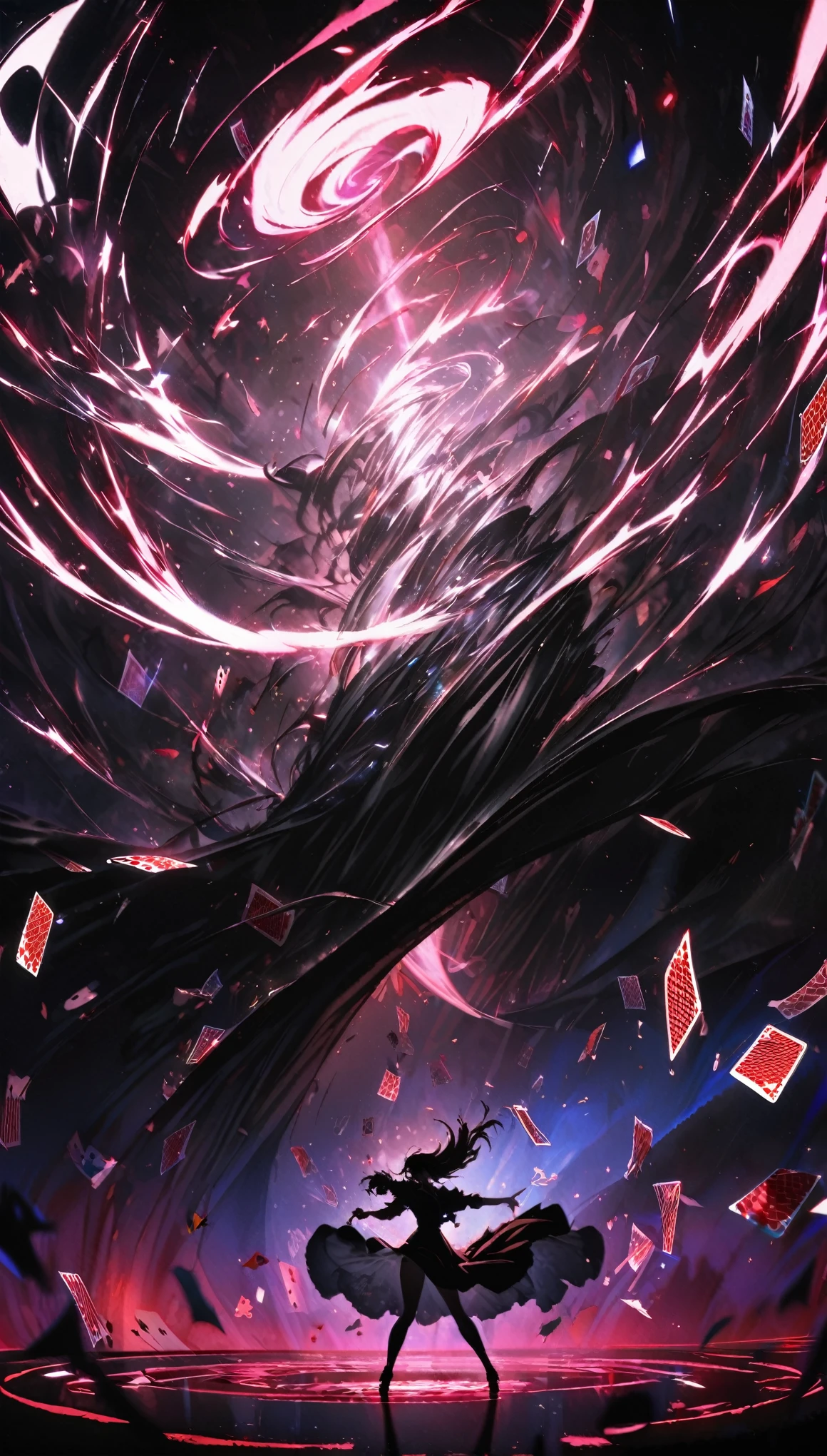 best quality, super fine, 16k, magic, illusion, countless playing cards dancing in a tornado, the shadow of a beautiful woman crouching in the center of the tornado, wind effects, spotlights, neon lights, background black curtain of velvet and felt fabric