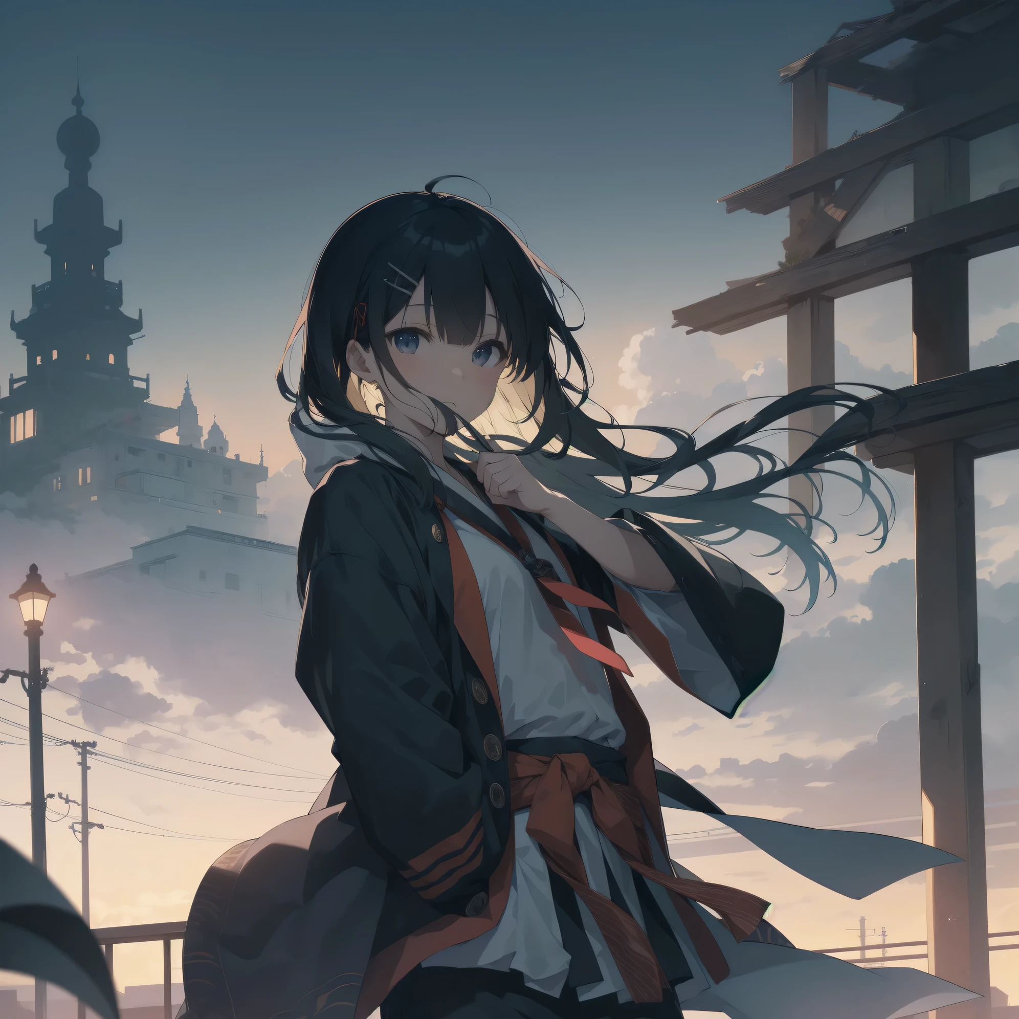 ultra-absurdres-Top quality by artist God, ultra-detailed, high resolution, anime moe artstyle, best anime 8k konachan wallpaper, pixiv contest winner, pool:4339, perfect anatomy, break, 1girl, (Please draw a ninja girl stand on japanese castle roof alone. ) cowboy shot, dutch angle, from above,break,(Solo,tomboy, 9-year-old:1.3),Full limbs, complete fingers,(very short hair, blunt bangs), flat chest, small butt, small black eyes, beautiful detailed eyes, well-proportioned iris and pupils, expressive eyes, highres detailed hair, soft expression,(sleeveless hanjuban),short hakama,obi,japanese ornate hairpin,ninja scarf,(Detailed Lighting), (Detailed background), on rooftop kawara, the japanese castle rooftop. break,super detailed skin, Best cinematic lighting powered by famous artist, 8k,beauty illustration,photoshop_(medium),very aesthetic,break,((artist:kincora ogipote )), artist:bolze ,artist:oyari ashito ,artist:kantoku ,