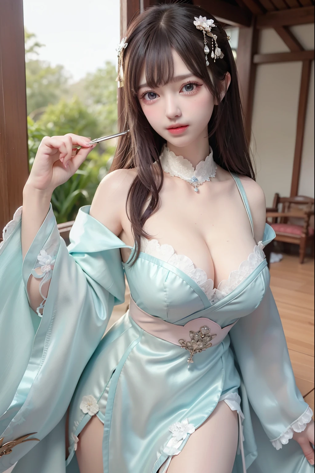 ((Masterpiece))), ((Best quality))), ((Ultra detail)), (an ultra realistic), (High Definition CG Illustration), cinematic light, Photorealistic,Very Beautiful 12 Year Old Daughter, Light makeup, Intricate Details EABA, White Intricate Lace Cloak, Dynamic pose, Spear, a Princess cute Hanfu dynasty open V-chested clothes royal, All Photos, Wet body in thin silk fabric, Thin silk lace petticoat,Princess 8 years olde ,Cleavage),petticoat, white pink, green ,highest quality,masterpiece,Ultra-high resolution,(realism:1.4),RAW Photos,(Real skin texture:1.3),(Film Grain:1.3),(Selfie angle),1 Giant breasts,Beautiful eyes and facial detailasterpiece,The best quality at its best,Exposing thighs and breastore exposed breasts, Detailed Hair,Looking down and towards the camera,Short Dress Princess Eyes,Super big eyes,Detailed face,Sparkling Eyes, Pink Dress (Garden,Palace of the Moon,), lace petticoat