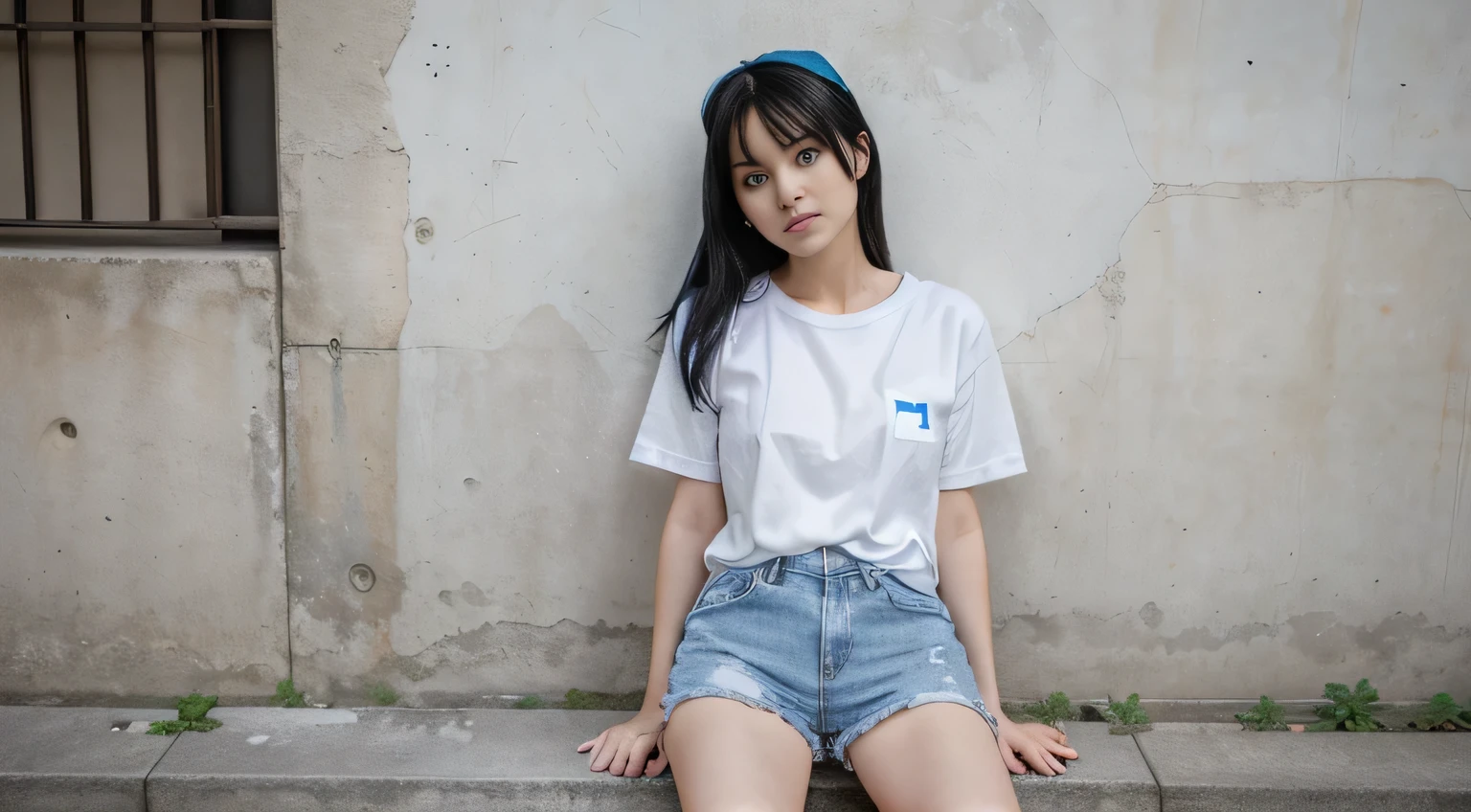 girl with black hair and blue eyes wearing a white t-shirt and short denim shorts sitting on a wall as a tokyo background
