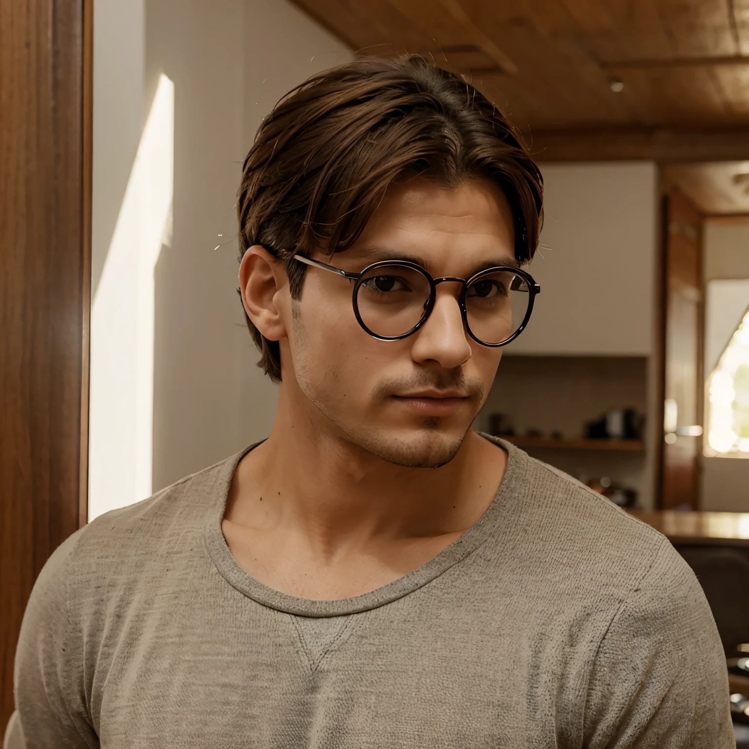 Hombre moreno, pelo corto, lentes redondos, con sueter
