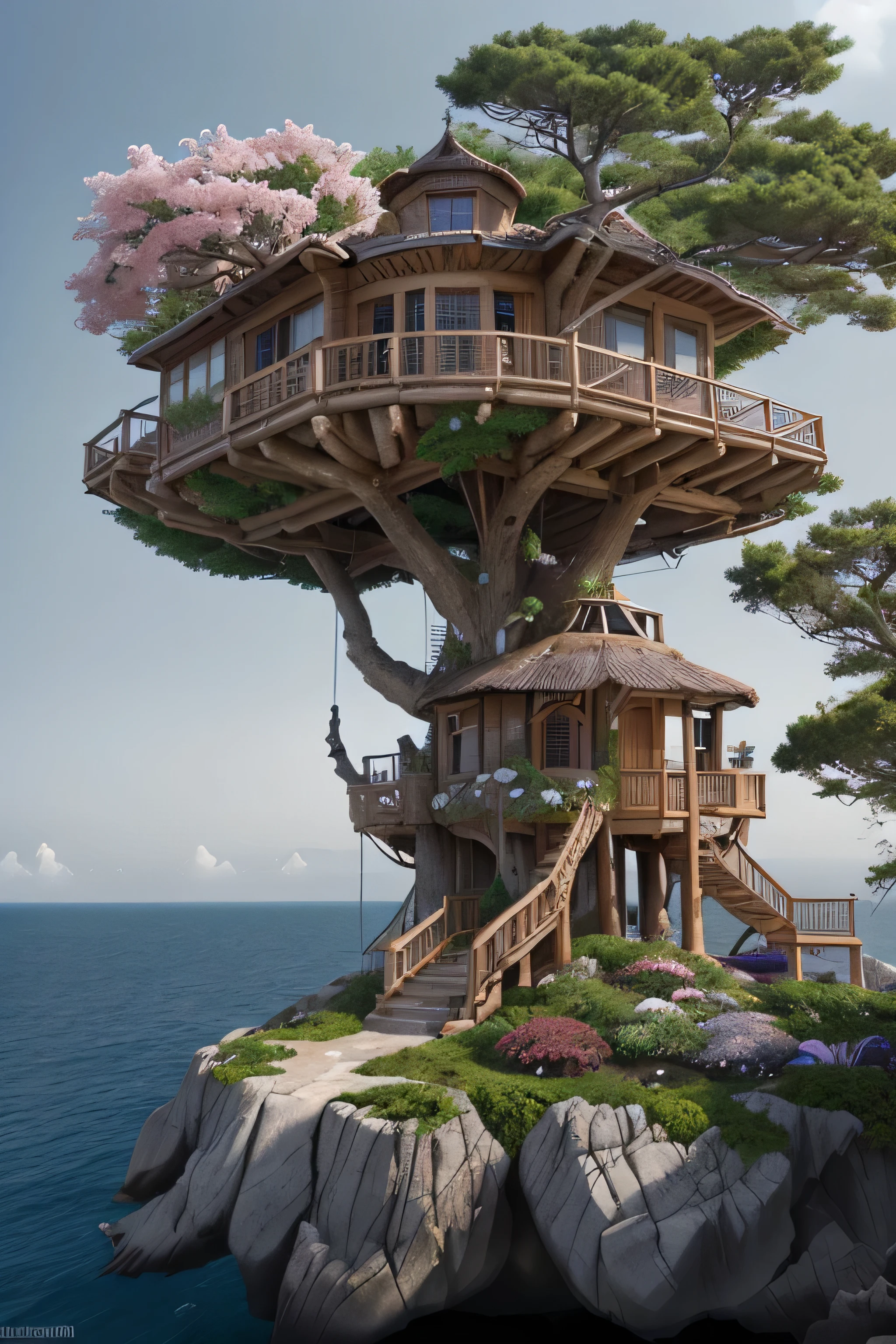 Perfection The Coolest tree house on a large rock in the middle of the sea with flowers in front of the house and trees on both sides of the house