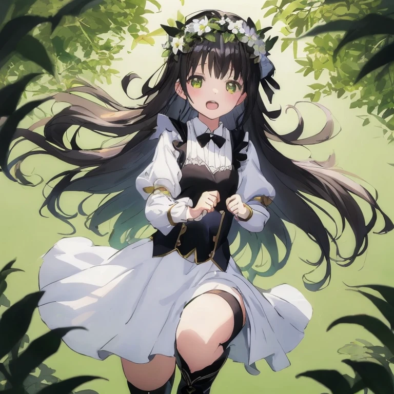 Anime girl with long black hair and white dress and flower crown, a maid in a magical forest, Anime visuals of cute girls, anime moe art style, Cute anime waifu in a nice dress, a sexy maid in a magical forest,  in dress, anime girls in maid costumes, guweiz on pixiv artstation, hestia