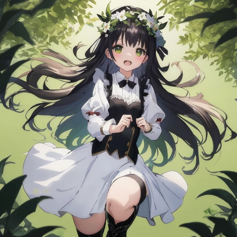 Anime girl with long black hair and white dress and flower crown, a maid in a magical forest, Anime visuals of cute girls, anime moe art style, Cute anime waifu in a nice dress, a sexy maid in a magical forest,  in dress, anime girls in maid costumes, guweiz on pixiv artstation, hestia