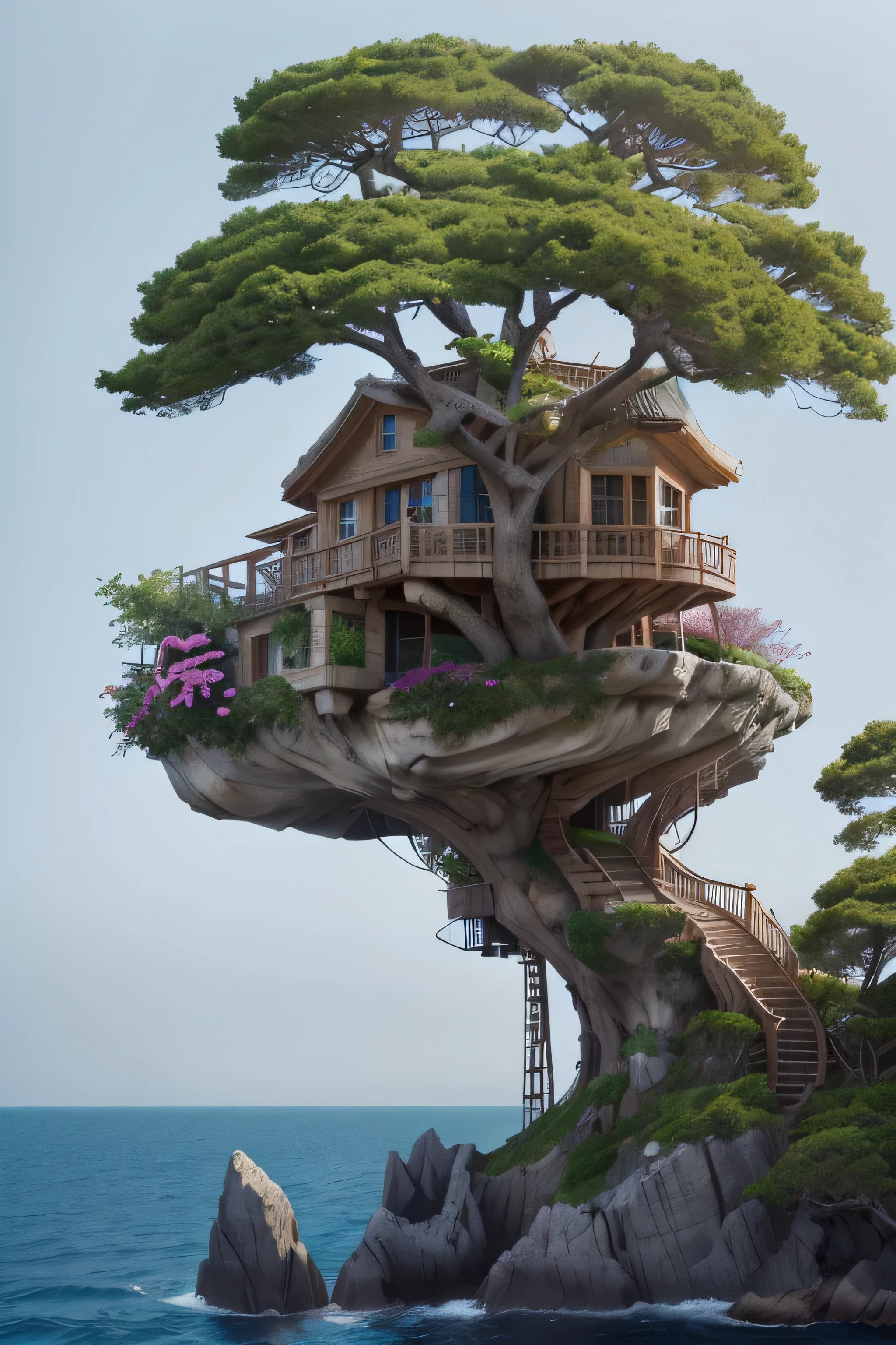 Perfection The Coolest tree house on a large rock in the middle of the sea with flowers in front of the house and trees on both sides of the house