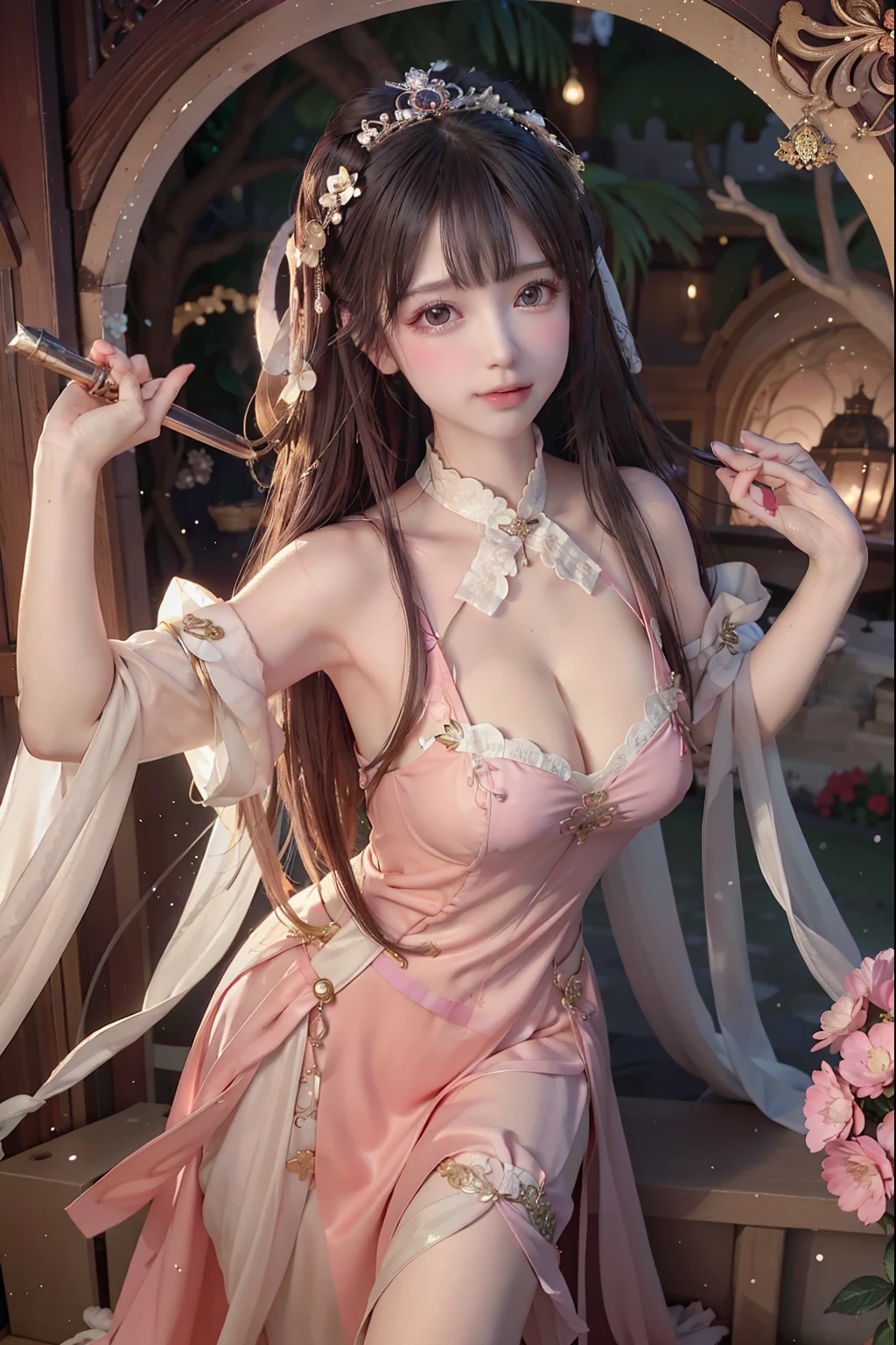 ((Masterpiece))), ((Best quality))), ((Ultra detail)), (an ultra realistic), (High Definition CG Illustration), cinematic light, Photorealistic,Very Beautiful , Light makeup, Intricate Details EABA, White Intricate Lace Cloak, Dynamic pose, Spear, a Princess 8 years old cute Hanfuopen V-chested clothes royal, All Photos, Wet body in thin silk fabric, Thin silk lace petticoat,Princess 8 years old cute, (Huge ,Cleavacoat, white pink, green ,highest quality,masterpiece,Ultra-high resolution,(realism:1.4),RAW Photos,(Real skin texture:1.3),(Film Grain:1.3),(Selfie angle),1 Giant breasts,Beautiful eyes and facial detailasterpiece,The best quality at its best,Exposing thighs and breastore exposed breasts, Detailed Hair,Looking down and towards the camera,Short Dress Princess Eyes,Super big eyes,Detailed face,Sparkling Eyes, Pink Dress (Garden,Palace of the Moon,)