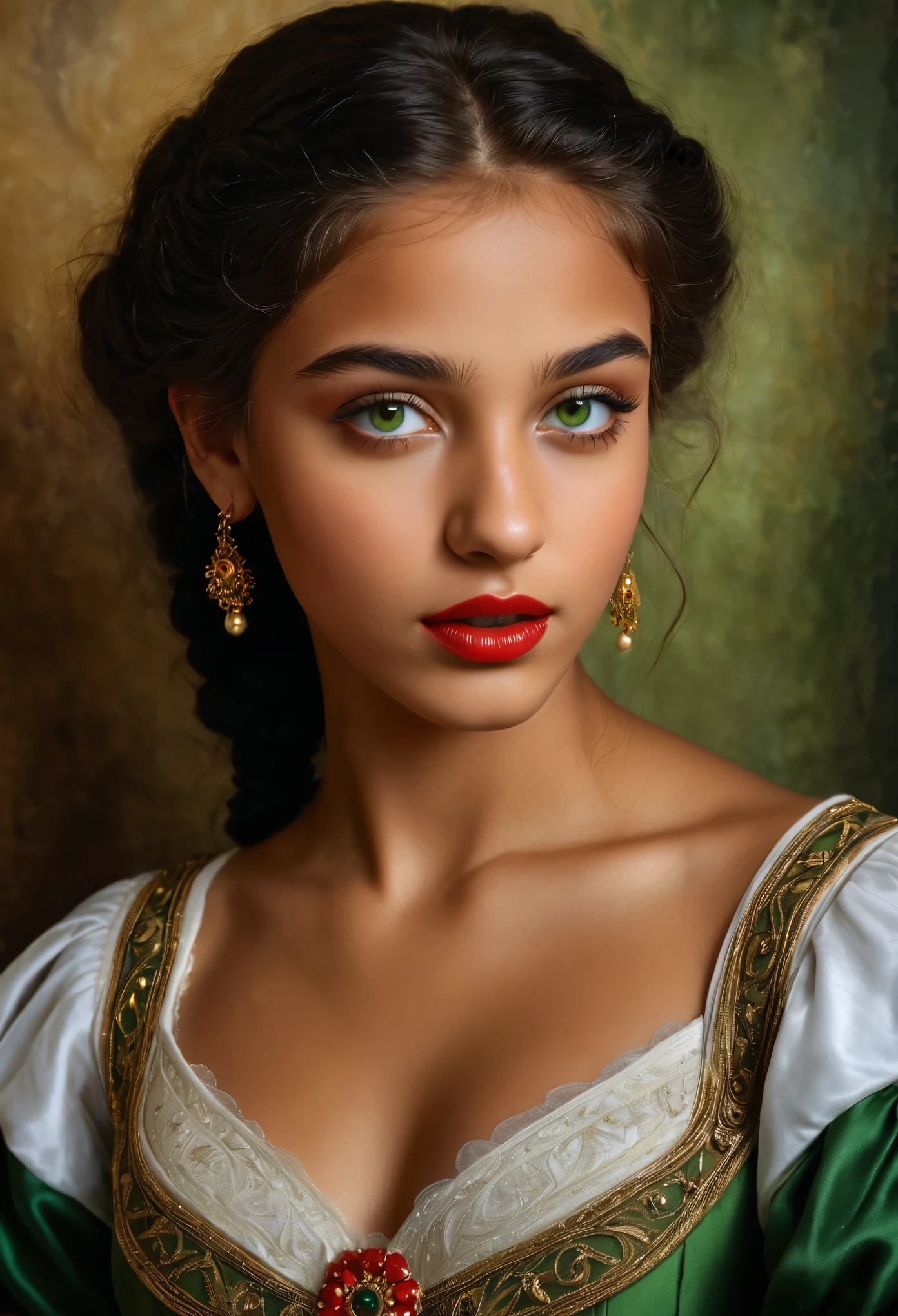 (highres,masterpiece:1.2),(realistic:1.37), A portrait of a beautiful -yeld Rogirl, detailed green eyes, an exotic and exquisite beauty, a masterpiece of a skilled artist's rendering of the life force of a young girl. The portrait is created in the style of classical portraiture, reminiscent of the works of renowned artists from the era. A great masterpiece of the century, you can even feel the breath of the lively girl, , perfect makeup, long eyelashes, sexy seductive, black Roma national costume, red lips,