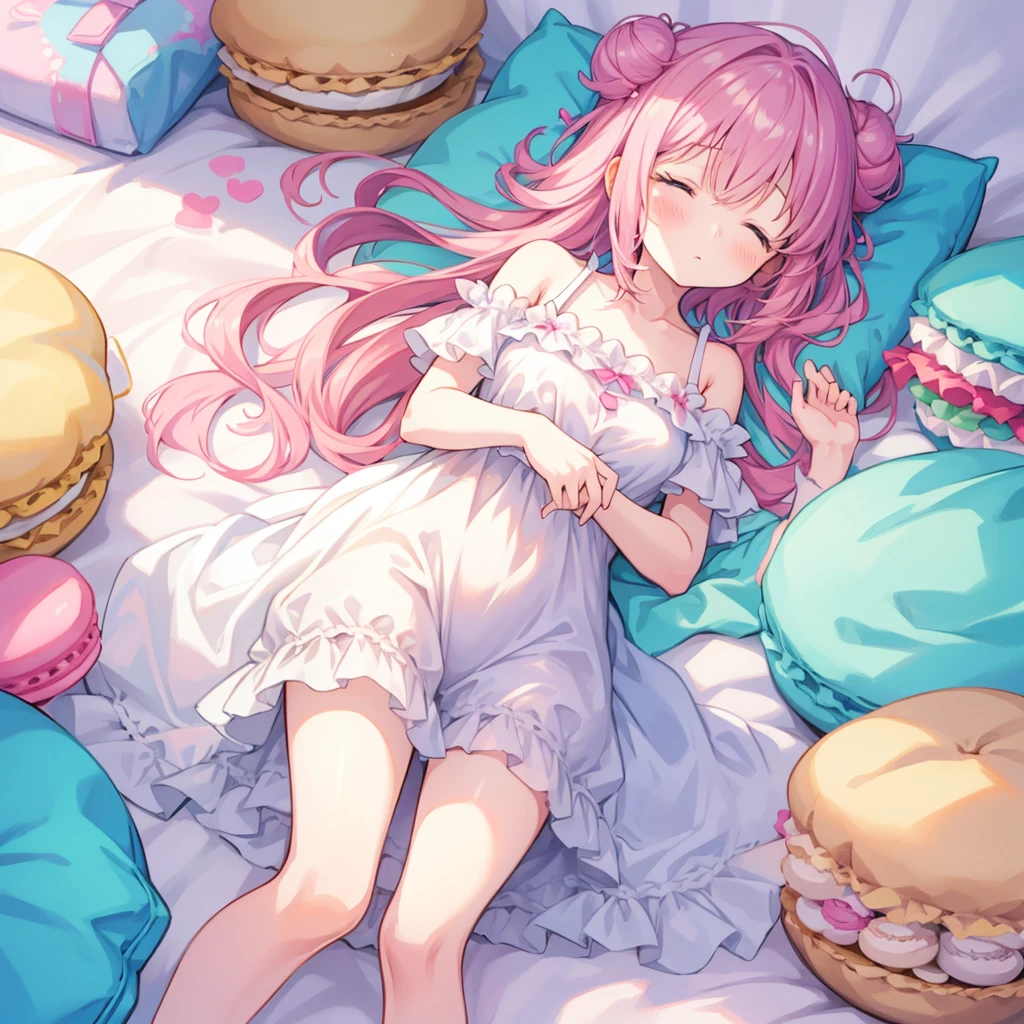 Soft and fluffy、Heartwarming、pastel colour、A cute girl sleeping on a macaron blanket、