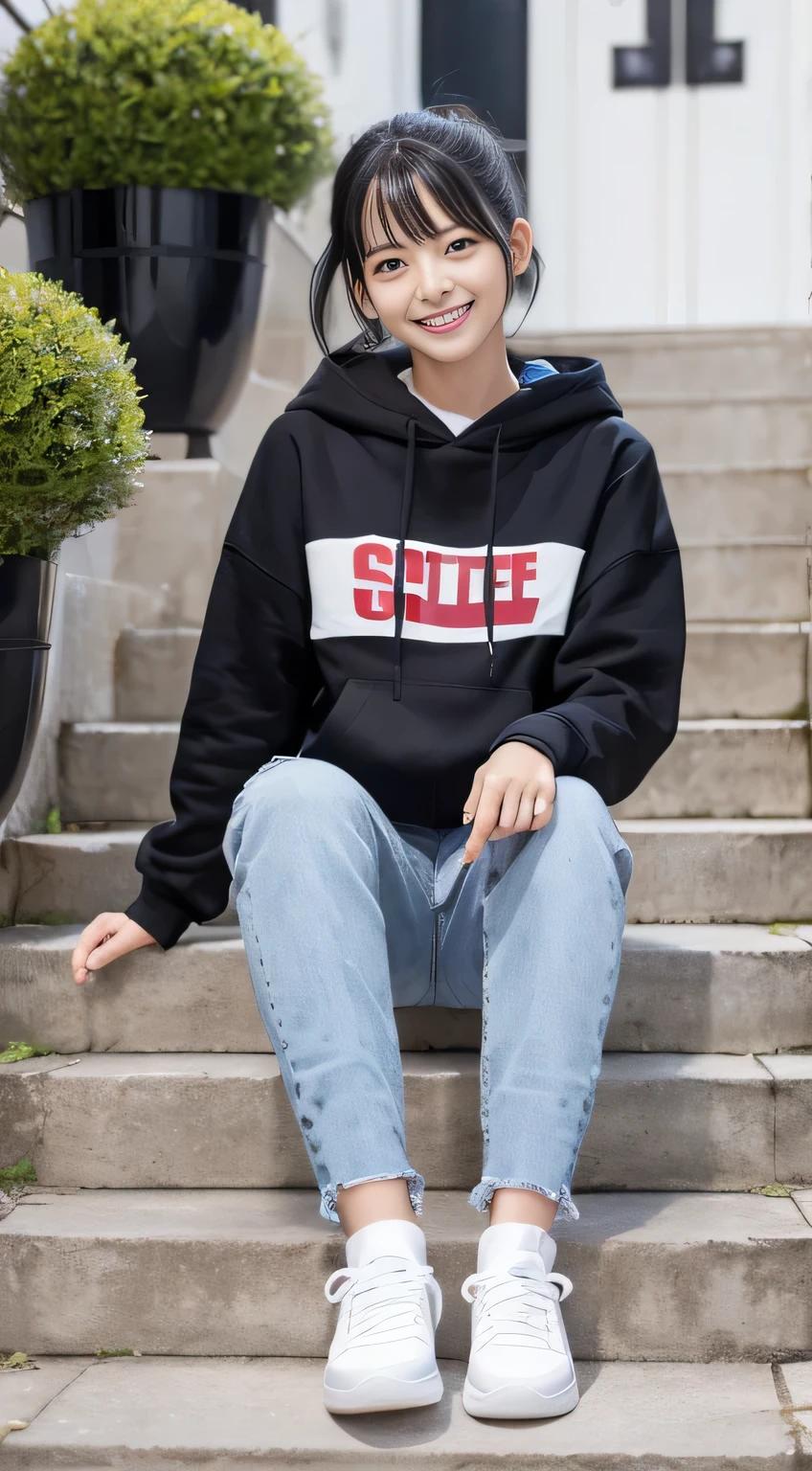 highest quality, Realistic, Very detailed, Finer details, High resolution, 8k wallpaper, One beautiful woman,Sit on the stairs、（Wear black socks）smile、（Beautiful teeth alignment、）（Gums are visible） Oversized hoodie, Skinny jeans,（ Black sneakers）、Black Hair、 Beautiful Bangs、ear piercing、Perfect dynamic composition, Beautiful and detailed, Full Body Shot, A big smile Wearing colorful socks