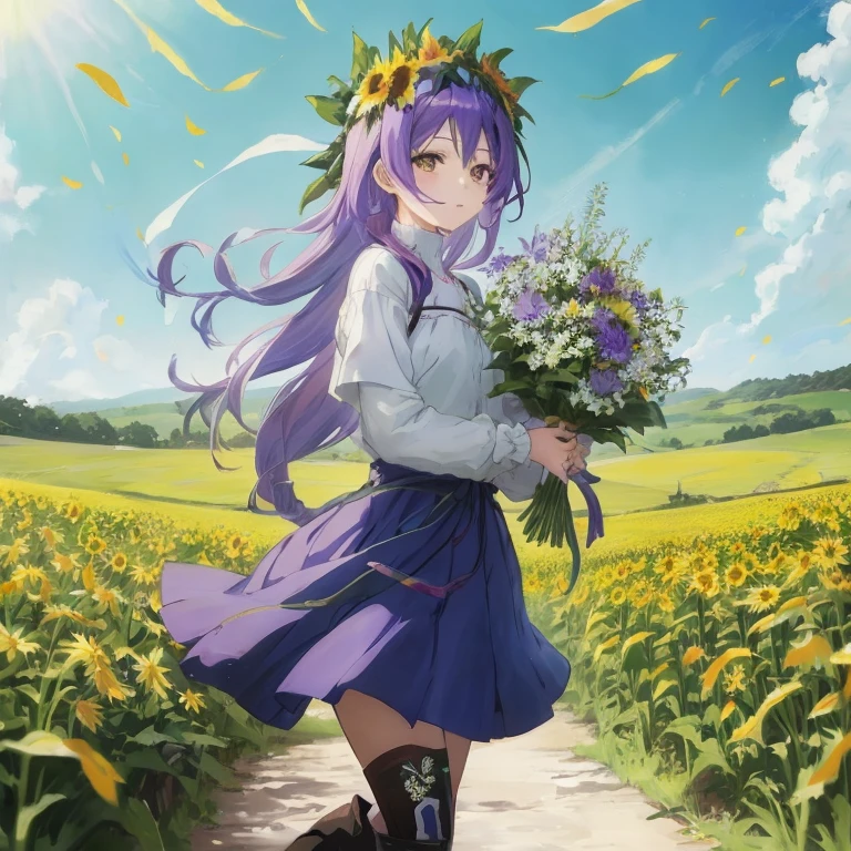 Anime girl with purple hair and flowers in the field, Beautiful sunflower anime girl, guweiz, stands in a flowering field, the non-binary deity of spring, official artwork, stands in a flowering field, anime moe art style, in flower field, Official art, Rin, guweiz on pixiv artstation, guweiz on artstation pixiv