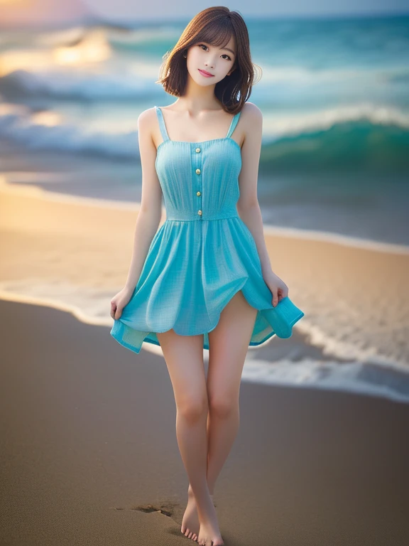 リアルな写真image quality、8kimage quality、masterpiece、Japan woman walking on the beach, Short dress, wearing sundress, loose fitting dress, Photorealistic perfect body, Beautiful girl model, cute sundress, In a dress, Beautiful and realistic photos, Summer Dress Beautiful Model Girl、Japanese Idol、looking at the camera、Soft and gentle expression、A soft smile、Detailed and beautiful eyes、Detailed and beautiful face