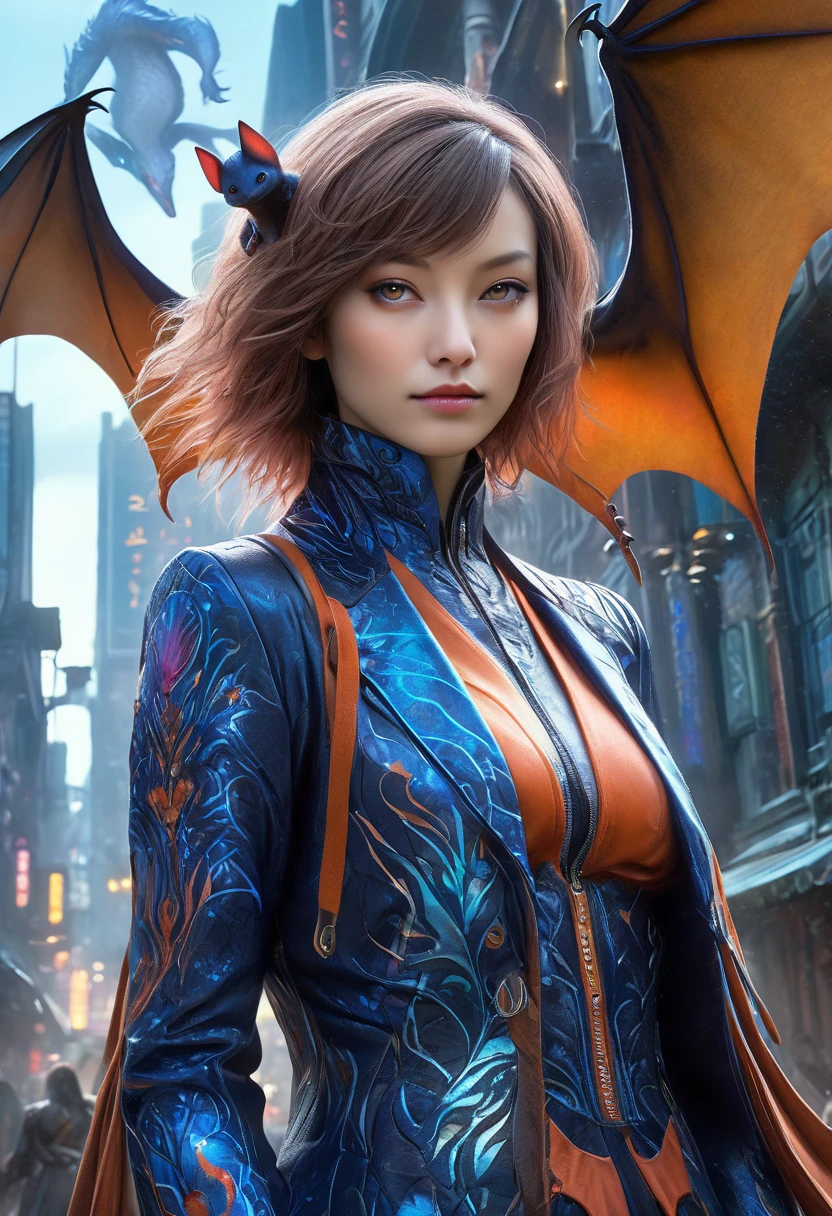 best quality,4k,8k,highres,masterpiece:1.2,ultra-detailed,realistic:1.37,HDR,UHD,studio lighting,ultra-fine painting,sharp focus,physically-based rendering,(Yoshitaka Amano style:1.1),SFW,(safe for work), A woman and her guardian familiar, mystical creature,otherworldly creature,kaiju-like,enchanting companions,wearing stylish futuristic clothes,inspired by Phantasy Star Online, dynamic poses, (The woman, with her eyes brightly colored, no makeup and her facial features elegantly detailed, adding to her allure. Dressed in elegant casual clothes with a stylish futuristic jacket.), (She is accompanied by a guardian, a creature mixture of an ice elemental salamander, and a bat with exquisite appearance features resembling cosmic horrors. The creature's presence adds a sense of wonder and magic to the scene.),(Her guardian has 2 tails, 4 eyes, and a hairy mane on its back), (The woman and her companion stand in a dark and gothic city, a modern metropolis with exotic alien plants, and vibrant signs. The colors are vibrant, with a mixture of dark blues, browns, and pale reds creating a dreamlike atmosphere.), (The lighting is soft but illuminating, casting a gentle glow on both the woman and the creature.), (The overall composition has a realistic and photorealistic quality, capturing the essence of the scene in intricate detail.), (The art style is inspired by Yoshitaka Amano, known for his ethereal and otherworldly illustrations. The combination of realistic elements with the artist's unique style creates a captivating and visually stunning image.),Greg Rutkowski