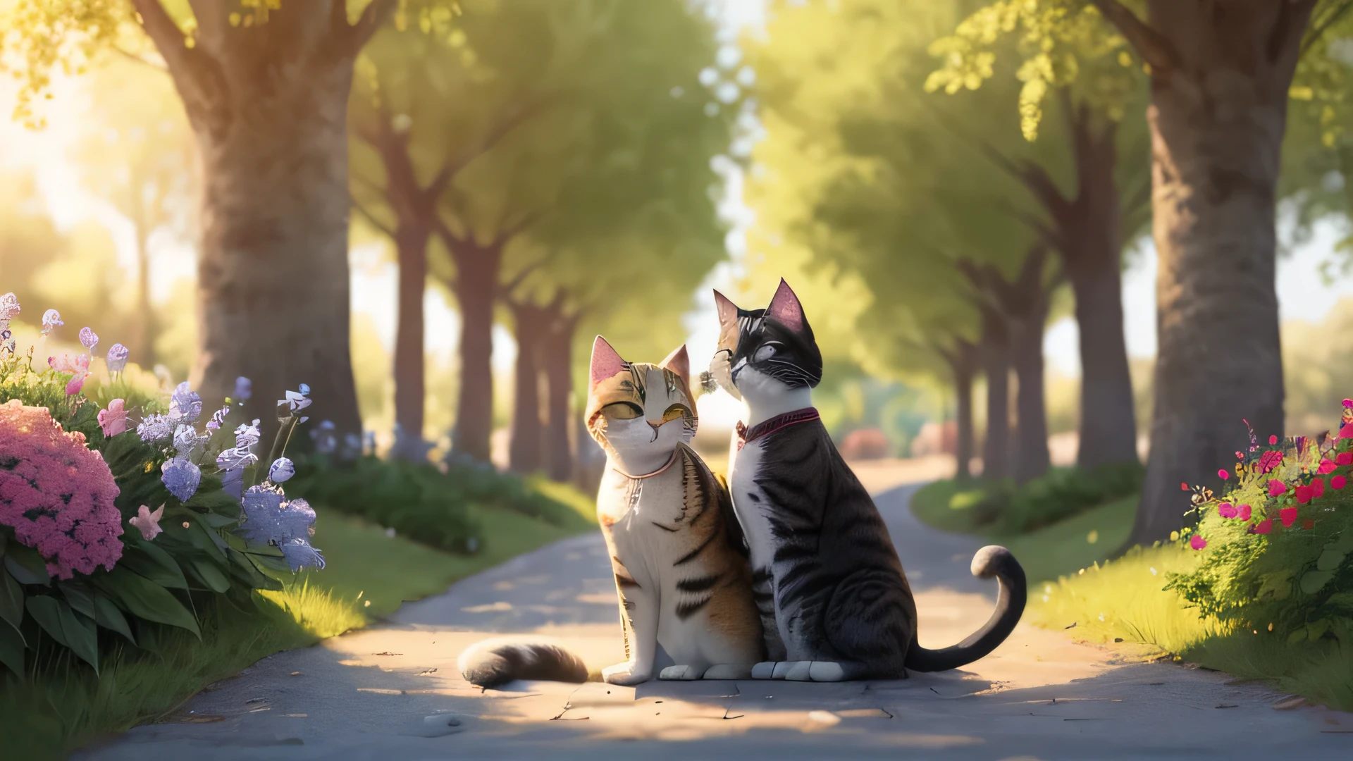 "A 4K image of two cats in a sunny park. One cat closely resembles Sylvester, featuring black and white fur and a mischievous expression. The other cat looks like Tom from 'Tom and Jerry', with gray fur and a comically surprised expression. They are surrounded by green trees, colorful flowers, and a gravel path. Sunlight illuminates the scene, casting soft shadows and creating a cheerful atmosphere."