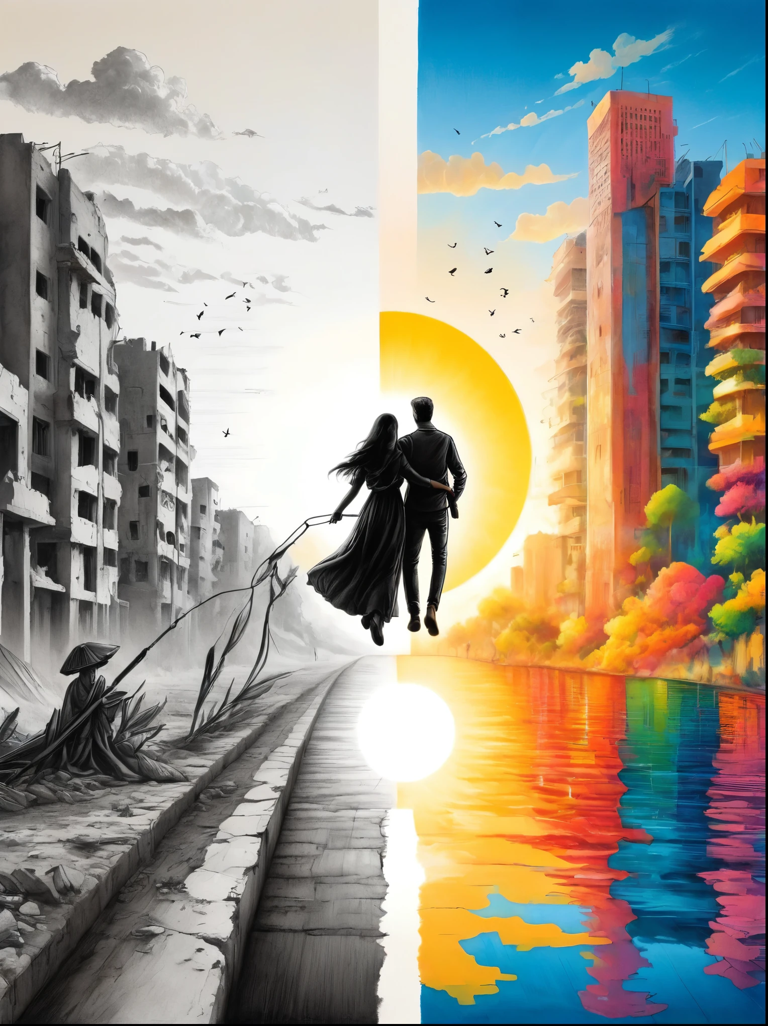 (The left half is a black and white line drawing of the war-torn and ruined city of Gaza:1.3), (The right half is a beautiful and pleasant city with tall buildings, bright sunshine and bright colors:1.5), ((The artwork should transition from a pencil drawing style in black and white on the left half to vibrant colors on the right half, Ensure a seamless integration between the two halves without any dividing line, with the left side featuring detailed black and white pencil strokes and the right side filled with colors, creating a harmonious blend across the image)), excellent quality, Detailed background, The art of math