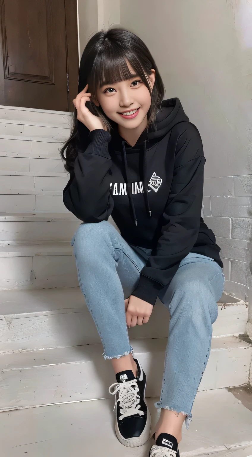 highest quality, Realistic, Very detailed, Finer details, High resolution, 8k wallpaper, One beautiful woman,Sit on the stairs、(Wear black socks)smile、(Beautiful teeth alignment、)(Gums are visible) Oversized hoodie, Skinny jeans,( Black sneakers)、Black Hair、 Beautiful Bangs、ear piercing、Perfect dynamic composition, Beautiful and detailed, Full Body Shot, A big smile Wearing colorful socks
