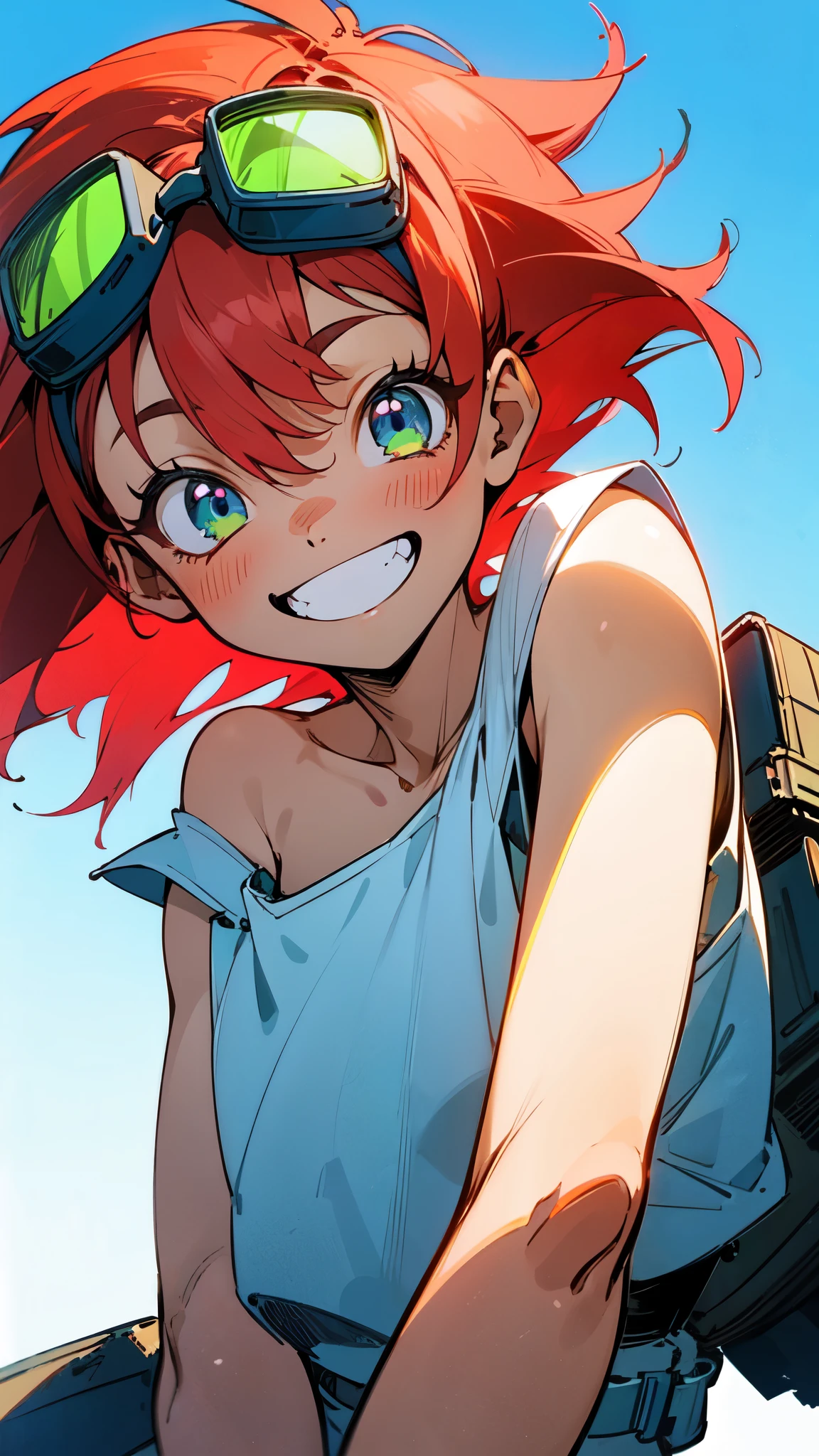 1 Girl、solo、 Redhead、Green goggles、White shirt、Ultra-high definition eyes、Upper body close-up、Very thin、clavicle、8-year-old、Spaceship on background、blue sky、Grin、shoulder