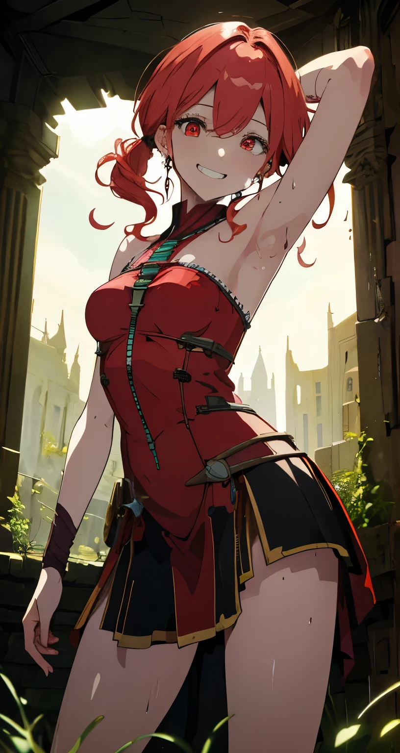 { masterpiece : best quality : high resolution : unity 8k wallpaper : illustration }  { Background = inside dark ruins : dungeons } {Oerba Dia Vanille)  : perfect fit body : red eyes : standing : perverted creepy smile : grin : armpit : sweating }