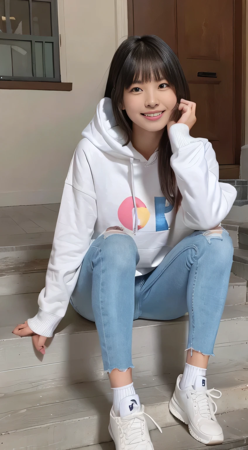 highest quality, Realistic, Very detailed, Finer details, High resolution, 8k wallpaper, One beautiful woman,Sit on the stairs、（Wear black socks）smile、（Beautiful teeth alignment、）（Gums are visible） Oversized hoodie, Skinny jeans,（ Black sneakers）、Black Hair、 Beautiful Bangs、ear piercing、Perfect dynamic composition, Beautiful and detailed, Full Body Shot, A big smile Wearing colorful socks