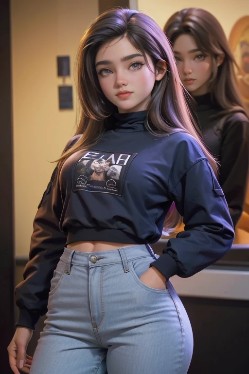 (obra maestra), (mejor calidad), (ultra detallado), (cuerpo entero: 1.2) bonito y lindo, capucha, sudadera negra, Monos de punto, pantalones, jaqueta, blusa, sonrisa clara, cuerpo entero, :3, fondo de tono pastel , colorido y sencillo.