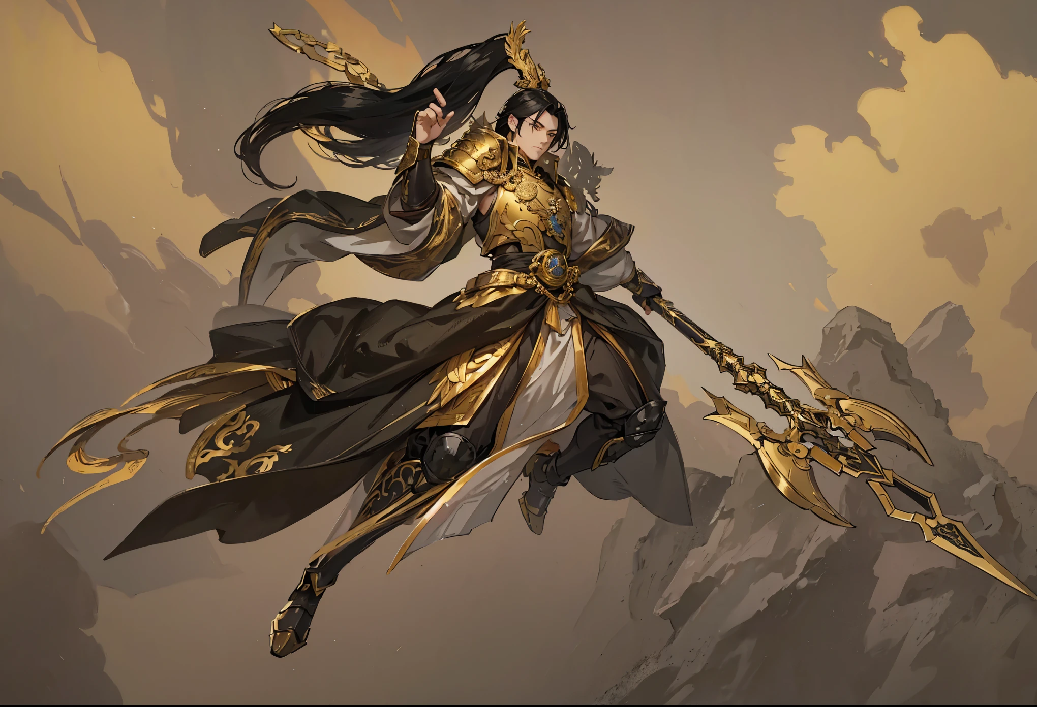 male,Military commander,Ma Chao,Golden Gun,Gold silk yellow robe,Black armor with gold edges,Black hair,Three Kingdoms,warrior,Gray background,White background
