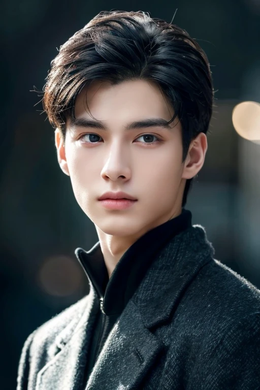 "The 20-year-old man is a masterpiece of beauty., He was wearing a black coat. When I look into your beautiful eyes, A sensual gaze attracts a counter gaze, His eyes are on the viewer、You can clearly see every detail and perfect line., Beautiful details in 8K quality, I am drawn to the confidence that emanates from each of their expressions.. His head is framed with white hair, His face is meticulously recreated in 8K resolution.. He is looking at the camera. His hair is silver.
