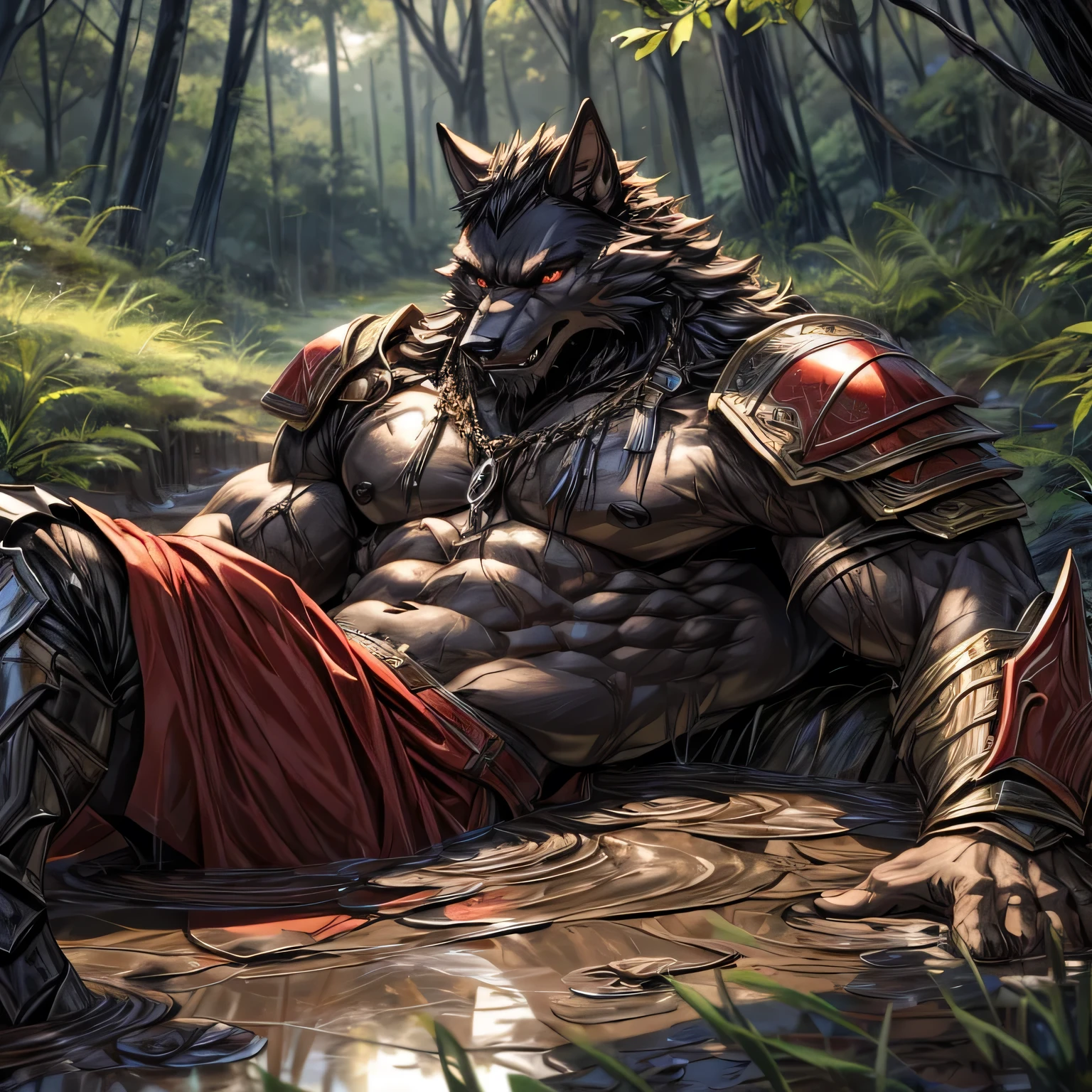Tall and muscular slim black werewolf,ojos rojos, taparrabos elegante,that he wears armor that does not cover his muscles, fondo:en la tarde en un bosque lluvioso,the floor is made of mud,that the werewolf is lying facing the mud puddle and that his muscular body is full of mud),(que su pecho y six pack no lo tapar).