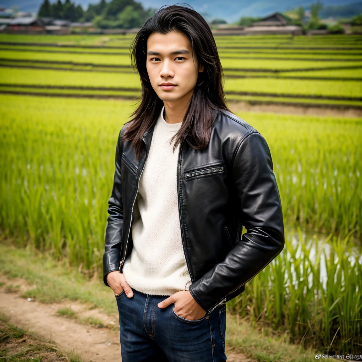 Young Asian man, 25 years old,) Have a strong body, have a strong, strong body., His long hair flowed up.,) Bright black, red, dark green leather jacket.,) very handsome,) ,Jeans) Album cover image by The rice fields are dotted with old thatched huts., There are red flowers around.,) best quality, 10, height:1.2), 8K Special Details, (realistic:1.37), Portrait, Full body, Posing from different angles,, bright colors, Warm light, shot with a high quality camera 45,000,000,000,Pixels,