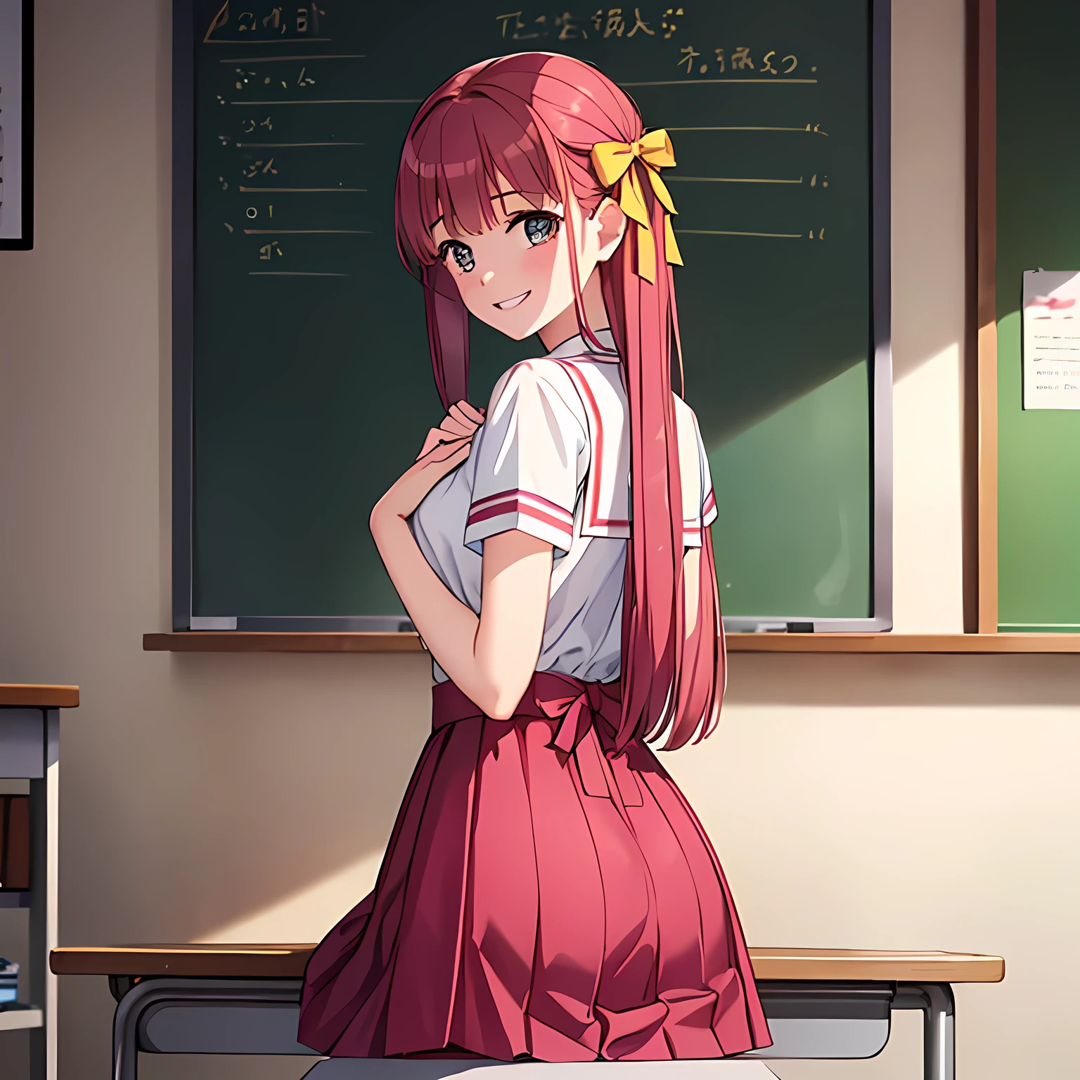 highest quality, (masterpiece:1.2), Very detailed, A siren in the form of a very beautiful girl is sitting., (((Beautiful long pink hair that reaches down to her back))), She has a big yellow ribbon in her hair., Pink sailor suit, Deep pink pleated skirt, Smiling at the viewer, Hands on chest, Detailed, clear pink eyes, laughing, Big yellow ribbon bowtie, An elegant and gentle expression like a noble princess, ((She is smiling and tilting her head adorably as she looks at the viewer.)), The background is a school classroom