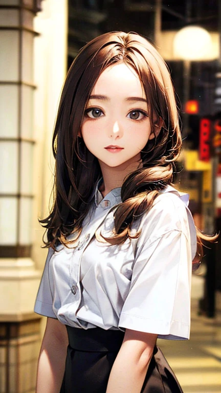 (Top quality masterpiece:1.2) Delicate illustrations, Very detailed, /Beautiful Japanese Woman、1 person,Very cute and slim、Excellent style 、((8K images、super high quality))、Very delicate face, Beautiful forehead、Beautiful thighs、Deep red lipstick,(((((Long Hair、Brown Hair、Blonde hair))))),very cute、Kind eyes,(White shirt、skirt)、starry skies、Tokyo night view、Cafe、Date