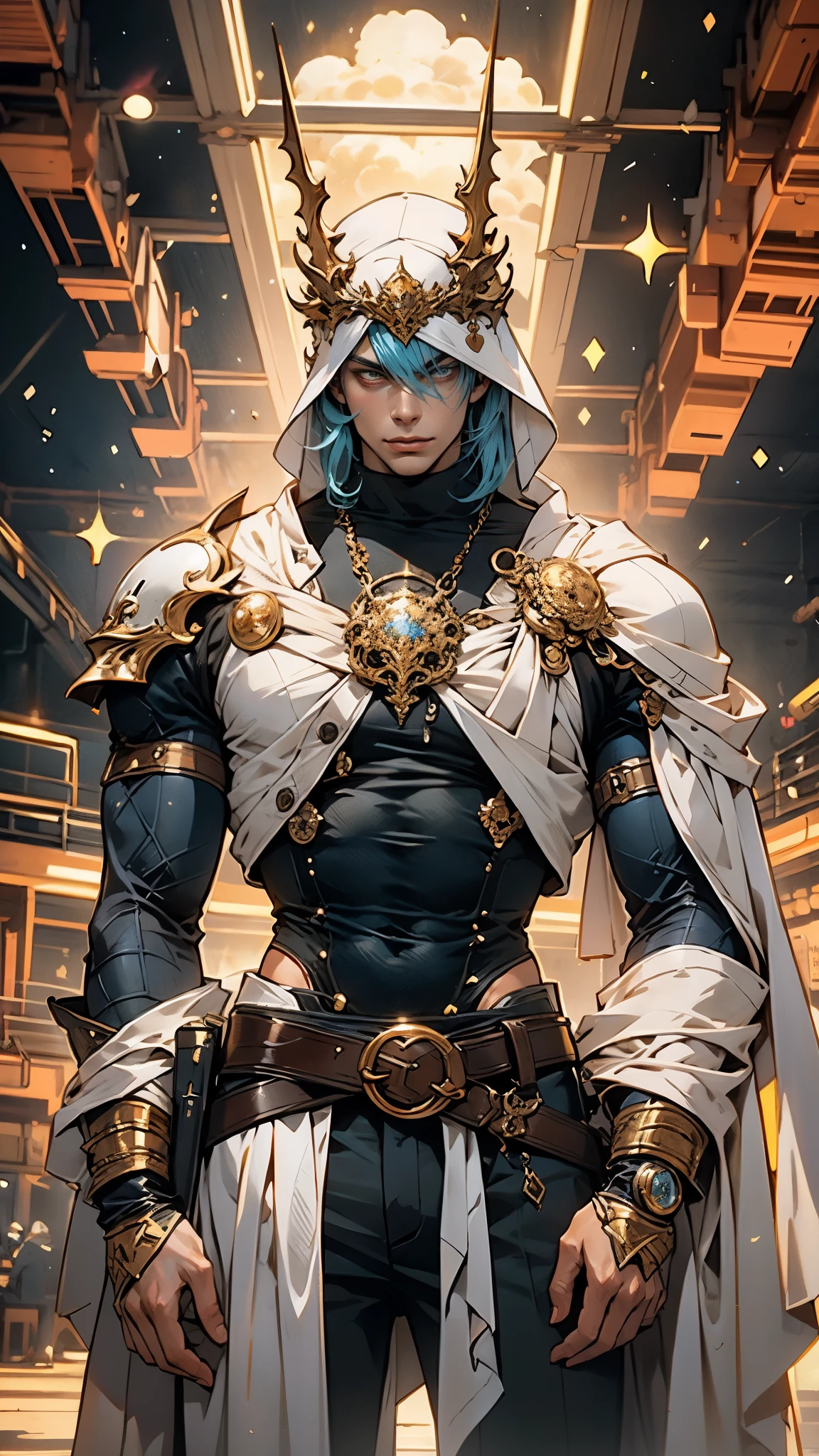 A man with messy medium-length hair emitting neon fluorescence, a magnificent fantasy-style headdress covering upper half of his face, sharp gaze, a muscular physique with a bronze-toned upper body, a plain cloth belt wraps around his waist, white coarse cloth trousers, standing sideways with a tilted body, topless, amidst iridescent nebula clouds, this character embodies a finely crafted fantasy-style practitioner in anime style, exquisite and mature manga art style, high definition, best quality, highres, ultra-detailed, ultra-fine painting, extremely delicate, professional, perfect body proportions, golden ratio, anatomically correct, symmetrical face, extremely detailed eyes and face, high quality eyes, creativity, RAW photo, UHD, 32k, Natural light, cinematic lighting, masterpiece-anatomy-perfect, masterpiece:1.5