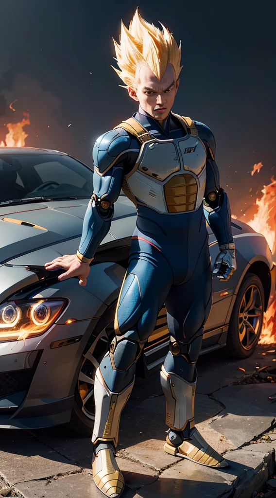 (masterpiece:1.2), Super detailed, (Practical), photoPractical, Male focus, Heroic Stance, (robot), vegeta mode, full-body shot, portrait, Vibrant colors, sharp contrast, Blonde hair, Black eyes, Fire background