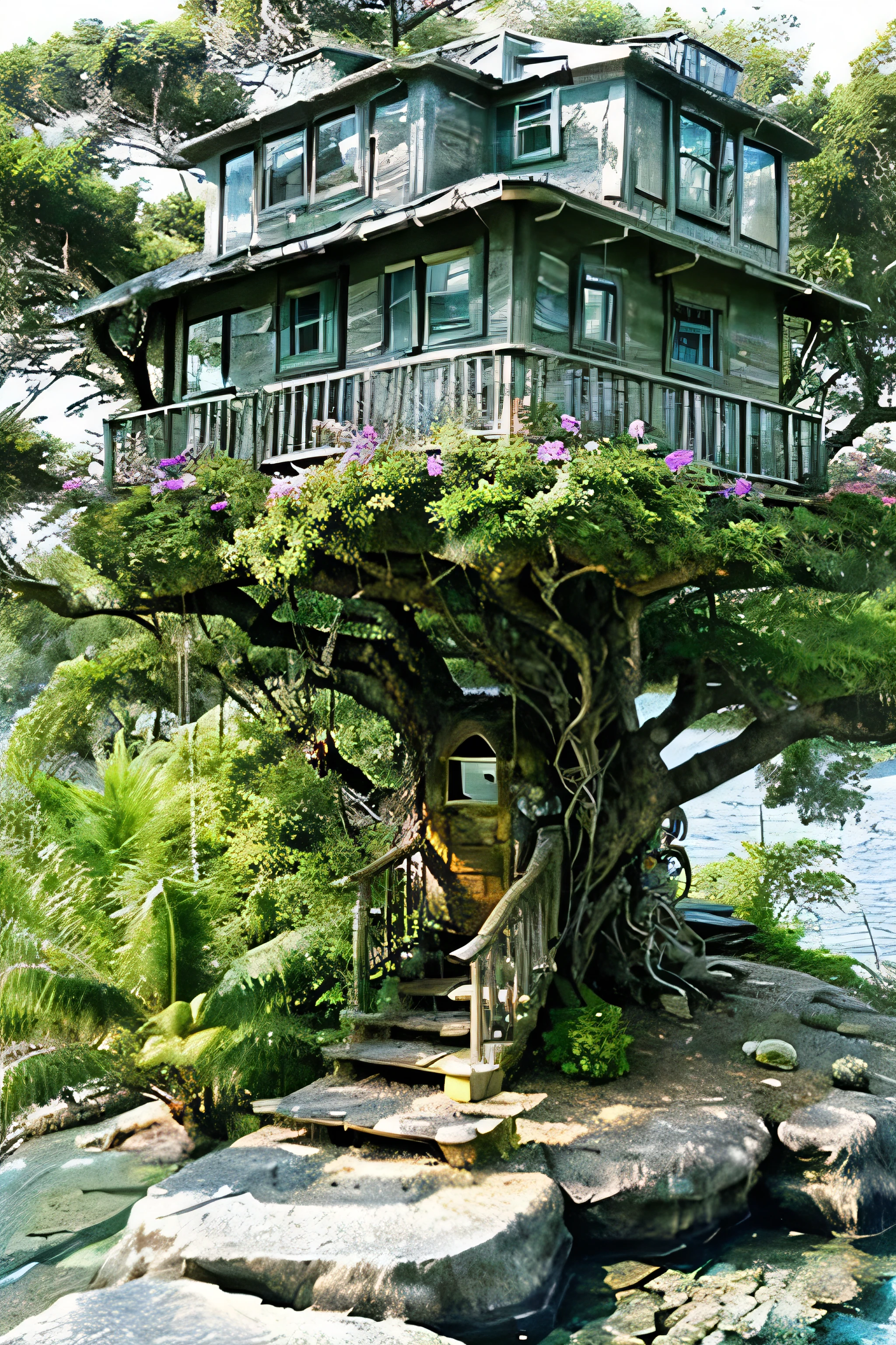 Perfection The Coolest tree house on a large rock in the middle of the sea with flowers in front of the house and trees on both sides of the house