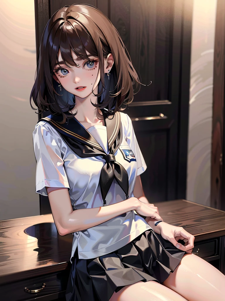 absurdres, RAW photo, extremely delicate and beautiful, masterpiece, Best Quality, ultra high resolution, 32k, hyperrealistic, ultra-detailed, perfect anatomy, anatomically correct, perfect figure, super Detailed skin, 20 years old, very Slim body, narrow waist, very small head, very small face, delicate facial features, detailed face, detailed eyes, tearful mole, earring, thin legs, bare legs, ((very huge round breasts)), short medium hair, ((wavy hair)), wet clothes, ((school uniform)),