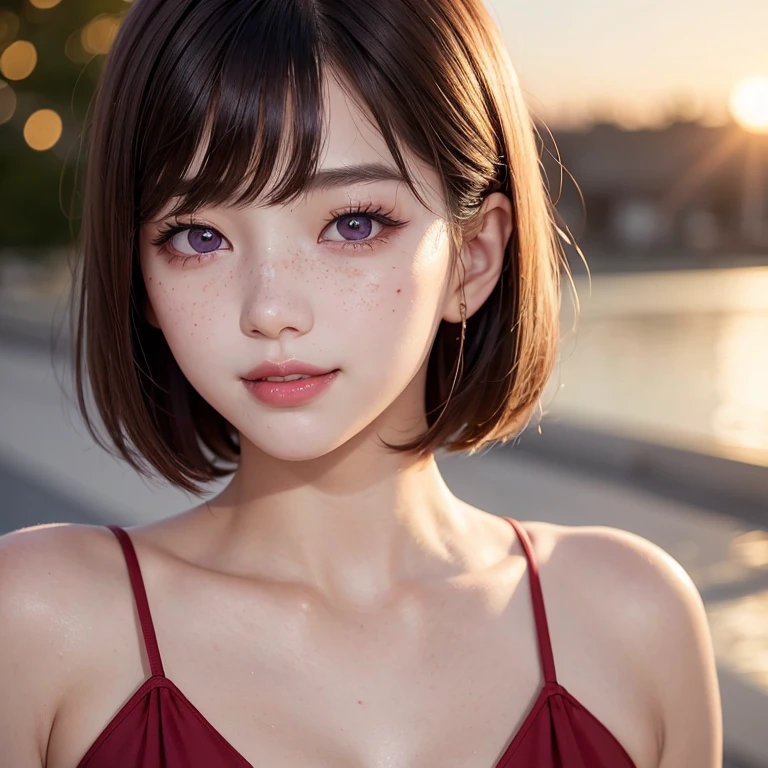 1 girl, 23 years old, south korean, idol, masterpiece, perfect face, soft skin, freckles under eyes, short whavy brown hair, bowlcut hair, shining bright purple eyes, red eyeliners, red lips, big smile, closed mouth, natural makeup, soft lighting, bright colors, sunset background, face focus, face closeup.