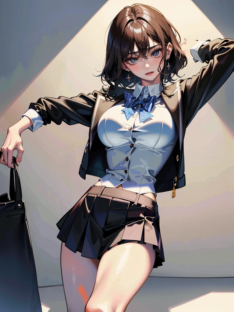 absurdres, RAW photo, extremely delicate and beautiful, masterpiece, Best Quality, ultra high resolution, 32k, hyperrealistic, ultra-detailed, perfect ???????, anatomically correct, perfect figure, super Detailed skin, 20 years old, very Slim body, narrow waist, very small head, very small face, delicate facial features, detailed face, detailed eyes, tearful mole, earring, thin legs, bare legs, ((very huge round breasts)), short medium hair, ((wavy hair)), wet clothes, ((school uniform)),