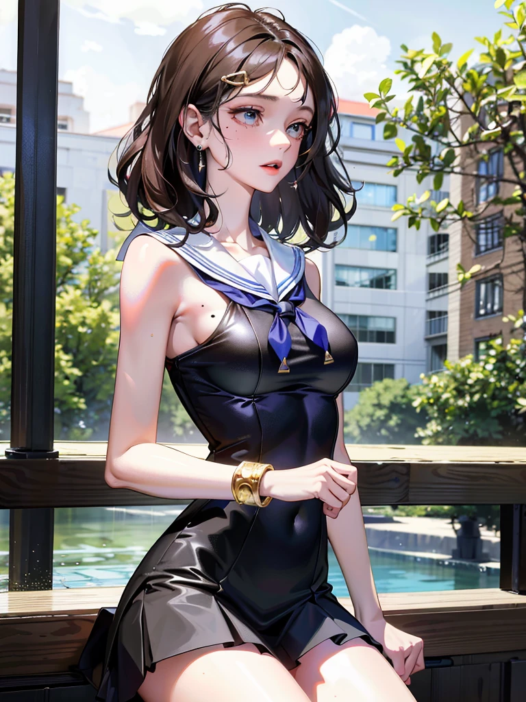 absurdres, RAW photo, extremely delicate and beautiful, masterpiece, Best Quality, ultra high resolution, 32k, hyperrealistic, ultra-detailed, perfect anatomy, anatomically correct, perfect figure, super Detailed skin, 20 years old, very Slim body, narrow waist, very small head, very small face, delicate facial features, detailed face, detailed eyes, tearful mole, earring, thin legs, bare legs, ((very huge round breasts)), short medium hair, ((wavy hair)), wet clothes, ((school uniform)),
