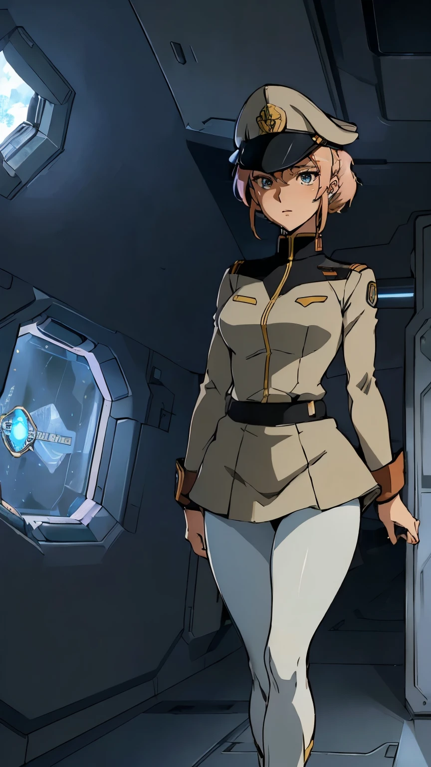 (((masterpiece,highest quality,In 8K,Super detailed,High resolution,anime style,absolutely))),(A female officer of the Earth Federation Forces is walking..:1.5),(alone:1.5), (Wearing a uniform of the Earth Federation Forces:1.5),(wearing an officer hat: 1.5),(Cute type of girl:1.4),(pretty face:1.4),(beautiful hands:1.4),(fine hands:1.2),(wallpaper:1.5),(whole body:1.5),((overlook:1.5)), ((25 year old girl, white tights)), (inside a spaceship),