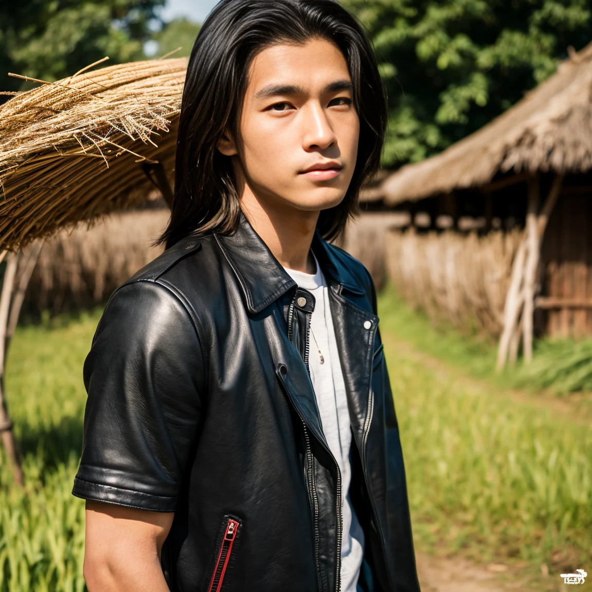 Young Asian man, 25 years old,) Have a strong body, have a strong, strong body., His long hair flowed up.,) Bright black, red, dark green leather jacket.,) very handsome,) ,Jeans)  Album cover image by The rice fields are dotted with old thatched huts., There are red flowers around.,) best quality, 10, height:1.2), 8K Special Details, (realistic:1.37), Portrait, Full body, Posing from different angles,, bright colors, Warm light, shot with a high quality camera 45,000,000,000,Pixels,