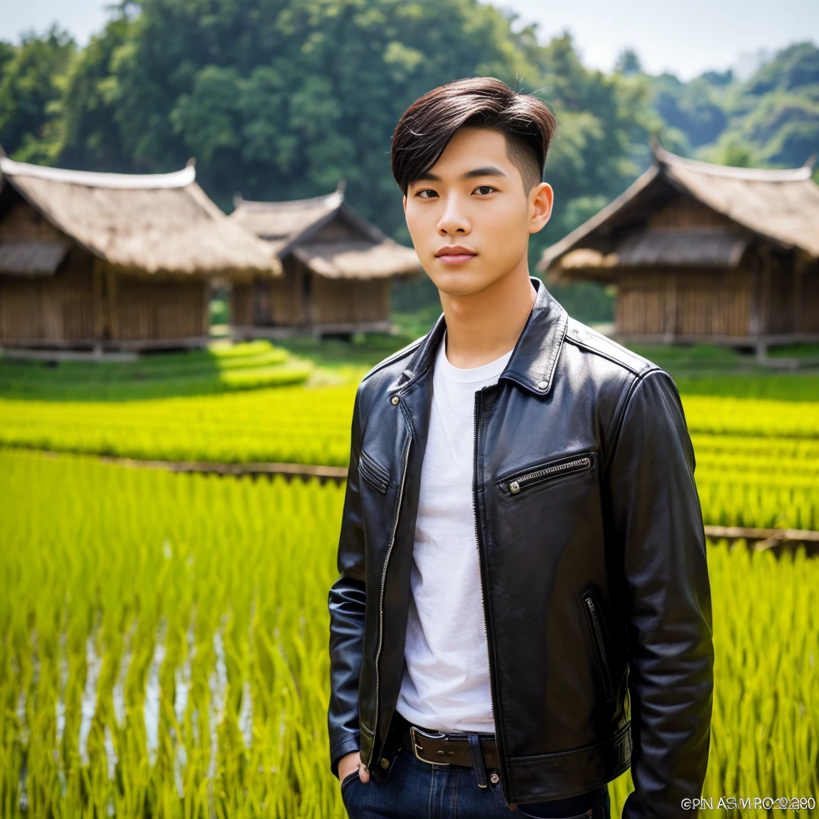 Young Asian man, 25 years old,) Have a strong body, have a strong, strong body., His long hair flowed up.,) Bright black, red, dark green leather jacket.,) very handsome,) ,Jeans) Album cover image by The rice fields are dotted with old thatched huts., There are red flowers around.,) best quality, 10, height:1.2), 8K Special Details, (realistic:1.37), Portrait, Full body, Posing from different angles,, bright colors, Warm light, shot with a high quality camera 45,000,000,000,Pixels,