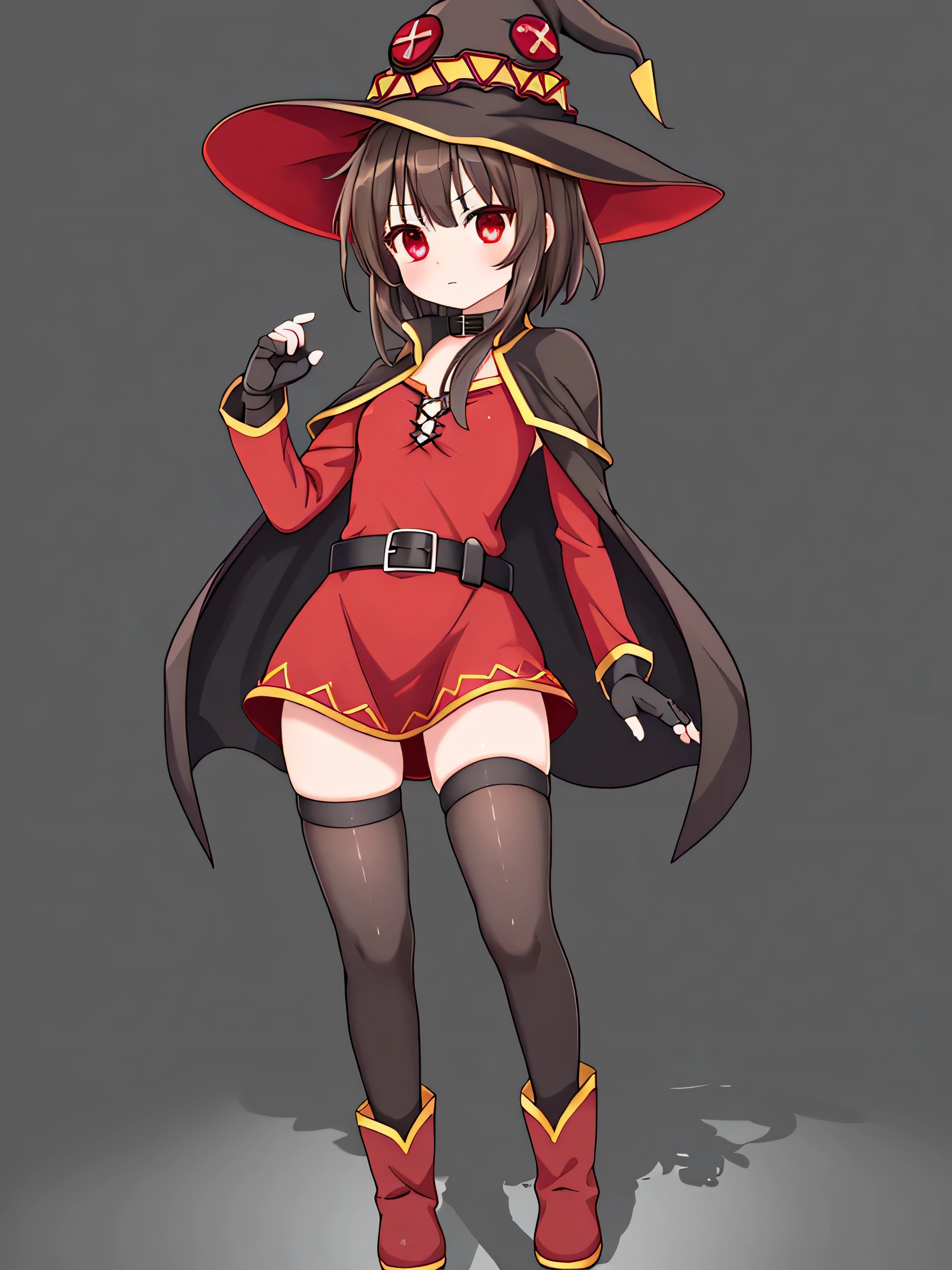 masterpiece, top quality, super detailed, CG illustration, high resolution, better lighting, best shadows, very delicate and beautiful, proper shading, hd, 8k,megumin, 1girl, solo, looking at viewer, short hair, simple background, brown hair, black hair, red eyes, thighhighs, gloves, hat, dress, standing, full body, boots, black gloves, belt, black thighhighs, fingerless gloves, cape, collar, witch hat, bandages, short dress, red dress, black background, single thighhigh, short hair with long locks, asymmetrical legwear, bandaged leg