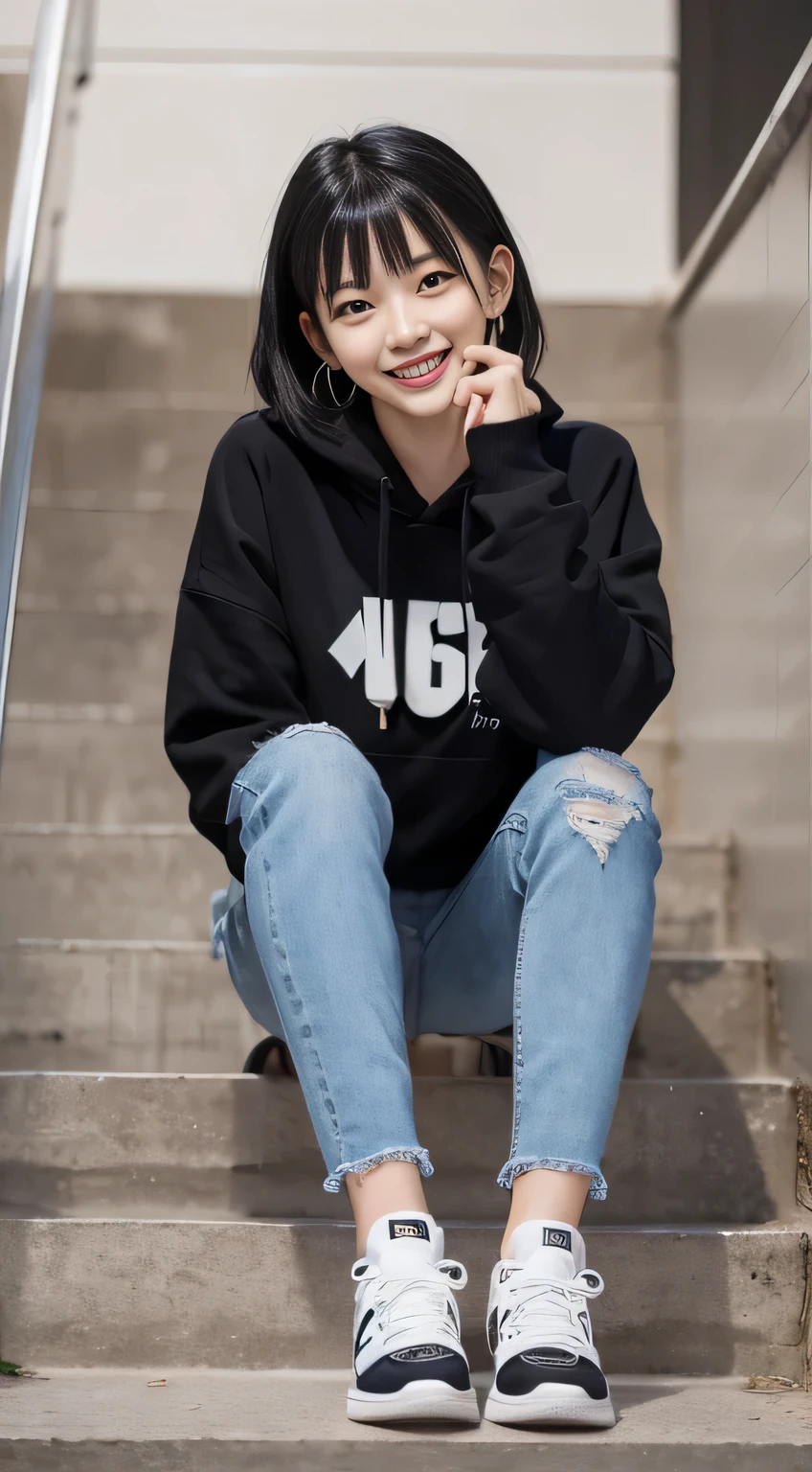 highest quality, Realistic, Very detailed, Finer details, High resolution, 8k wallpaper, One beautiful woman,Sit on the stairs、(Wear black socks)smile、(Beautiful teeth alignment、)(Gums are visible) Oversized hoodie, Skinny jeans,( Black sneakers)、Black Hair、 Beautiful Bangs、ear piercing、Perfect dynamic composition, Beautiful and detailed, Full Body Shot, A big smile