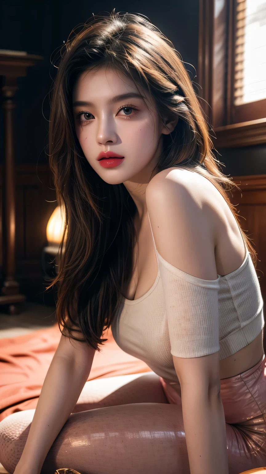 very pretty girl. super cute faces. . (RAW photogr, 4K, tmasterpiece, A high resolution, extremly intricate) (realisticlying:1.4), dark movies dark lights, a sexy pose, Sexy ual. Low li. long whitr hair. Brown hair. wavy ponytail. Bigboobs. droopy bosomnt Breast Girl, fd only, Midday ier, Hot, 90s of the 20th century \(styled\),cow boy shot, in bathroom. window.
