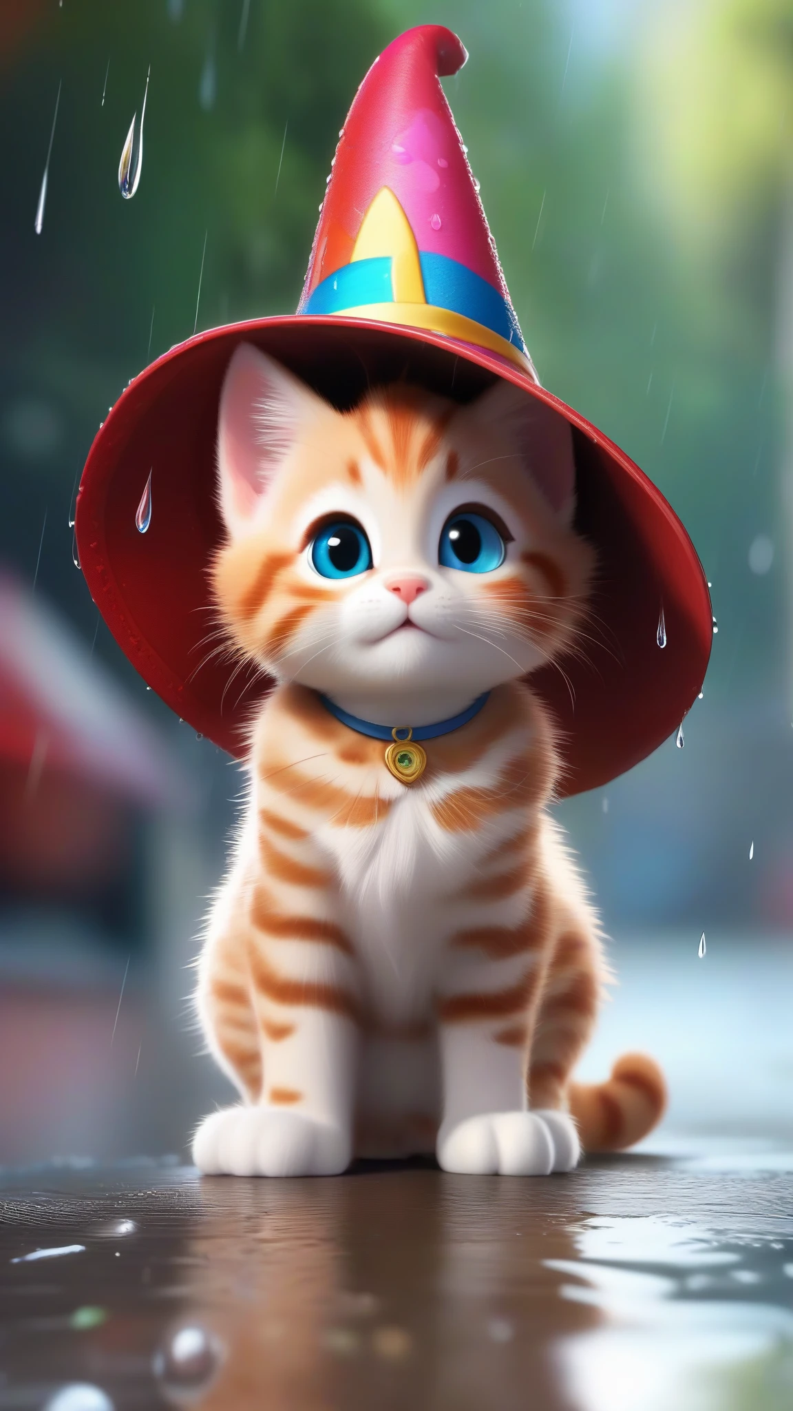 (outdoor, strong rain, puddles, reflections, wet textures, rain drops near camera)
(small kitten, innocent eyes, wizard's hat, soaked fur, adorable expression, big emotional eyes)
(raindrops hitting the hat, colorful backdrop, small magical elements, whimsical environment, dark,)
(magical, bright, cute, enchanting)
(3D rendering, vibrant colors, highly detailed, child-friendly illustration)
(Disney/Pixar's vivid and whimsical animation, artstation, reddit)
