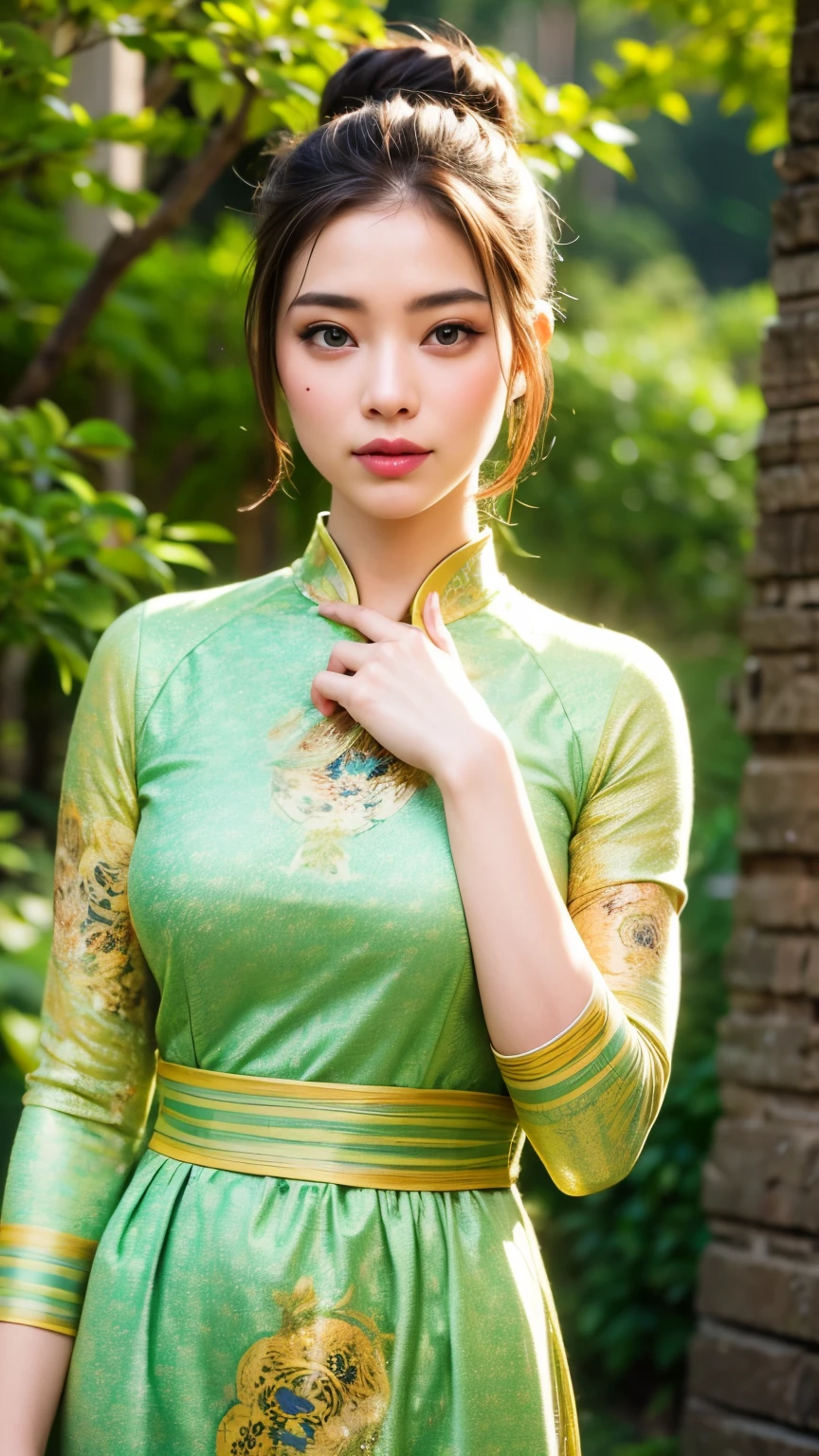 1 girl, hair bun, beautiful girl, ((mmTD burmese patterned traditional dress)), emerald green dress, floral printed dress, Emerald Green color, A rich, vibrant green reminiscent of precious emeralds, outdoor, perfect light, masterpiece, best quality, ultra detailed, cinematic feels, looking at the viewer, 8k, RAW photo, realistic, photo realistic, intricately detailed, UHD, full HD, ultra resolution
