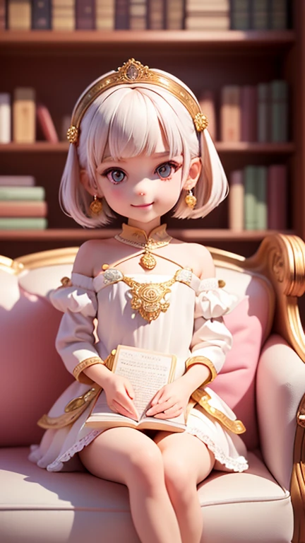 (masterpiece),(highest quality),(Very detailed), (whole body:1.2), One girl,((Little)),cute, smile, white bob haircut, Golden Eyes, Earrings, White ruffled dress, (Sitting facing forward on a pink sofa),smile, Behind the sofa is a large bookshelf.、There are many books on the bookshelf, (Beautifully detailed face), (Beautiful fine details),