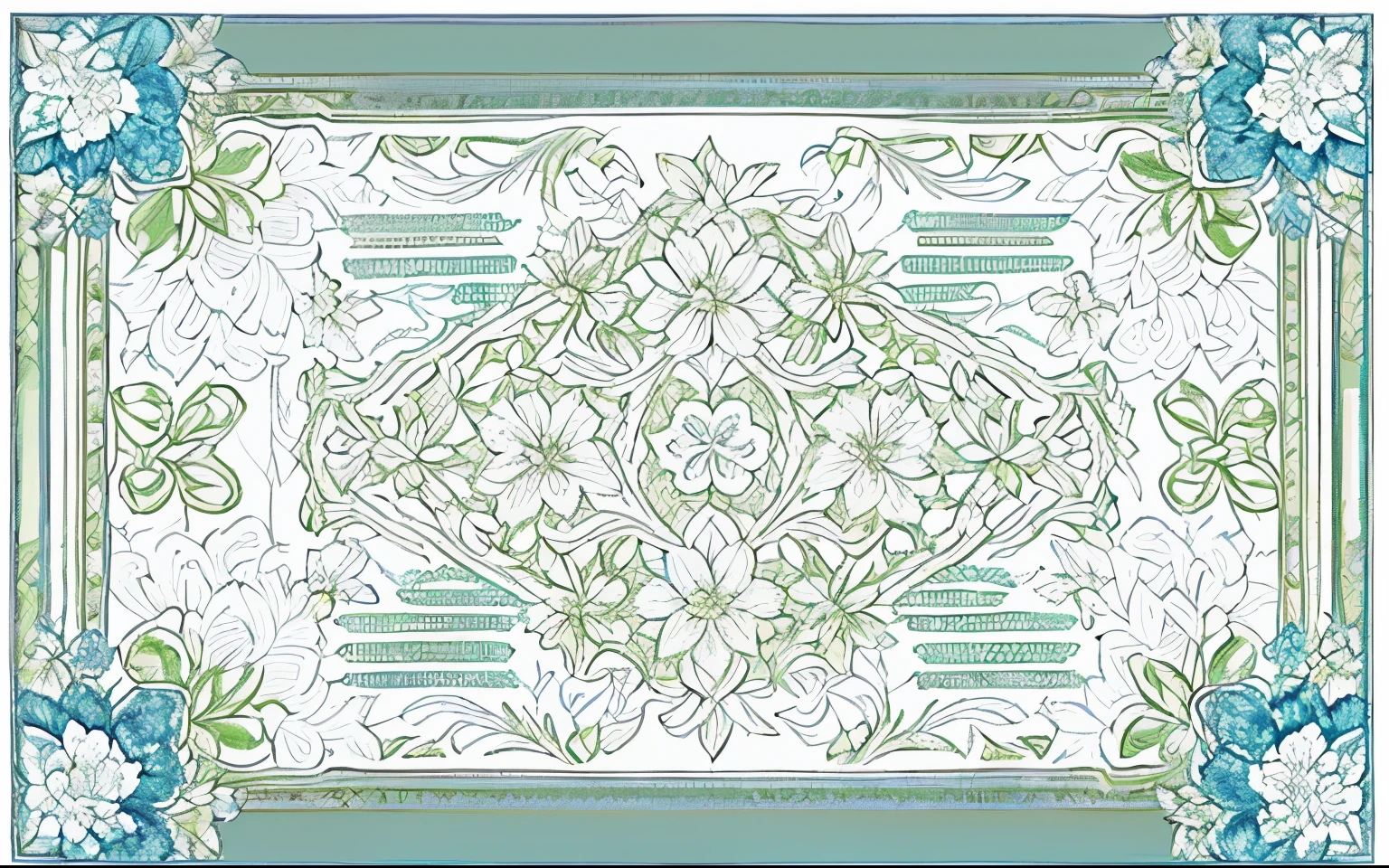 a green and white certificate with a floral design, guilloche, billete de banco, oriental, dollar bill, gran borde blanco, borde de papel, Border pattern, decorativo border, zoomed view of a billete de banco, decorativo, 10k, verde pastel, Giro de vuelta, Horizontal, armonioso, brocade, borde adornado, borde azul, High Definition, muy detallada amplia