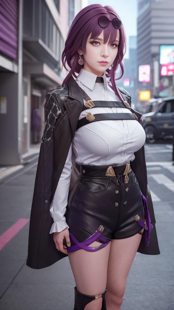 masterpiece, best quality, purple hair, (purple eyes:1.2), light, realistic, photo, science_fiction, huge_filesize, in the cyberpunk city, steam, masterpiece,best quality,official art, extremely detailed CG unity 8k wallpaper, girl, solo, bishoujo, incredibly_absurdres, big breasts, long shot, full body, mischievous laugh, (((cinematic look)))